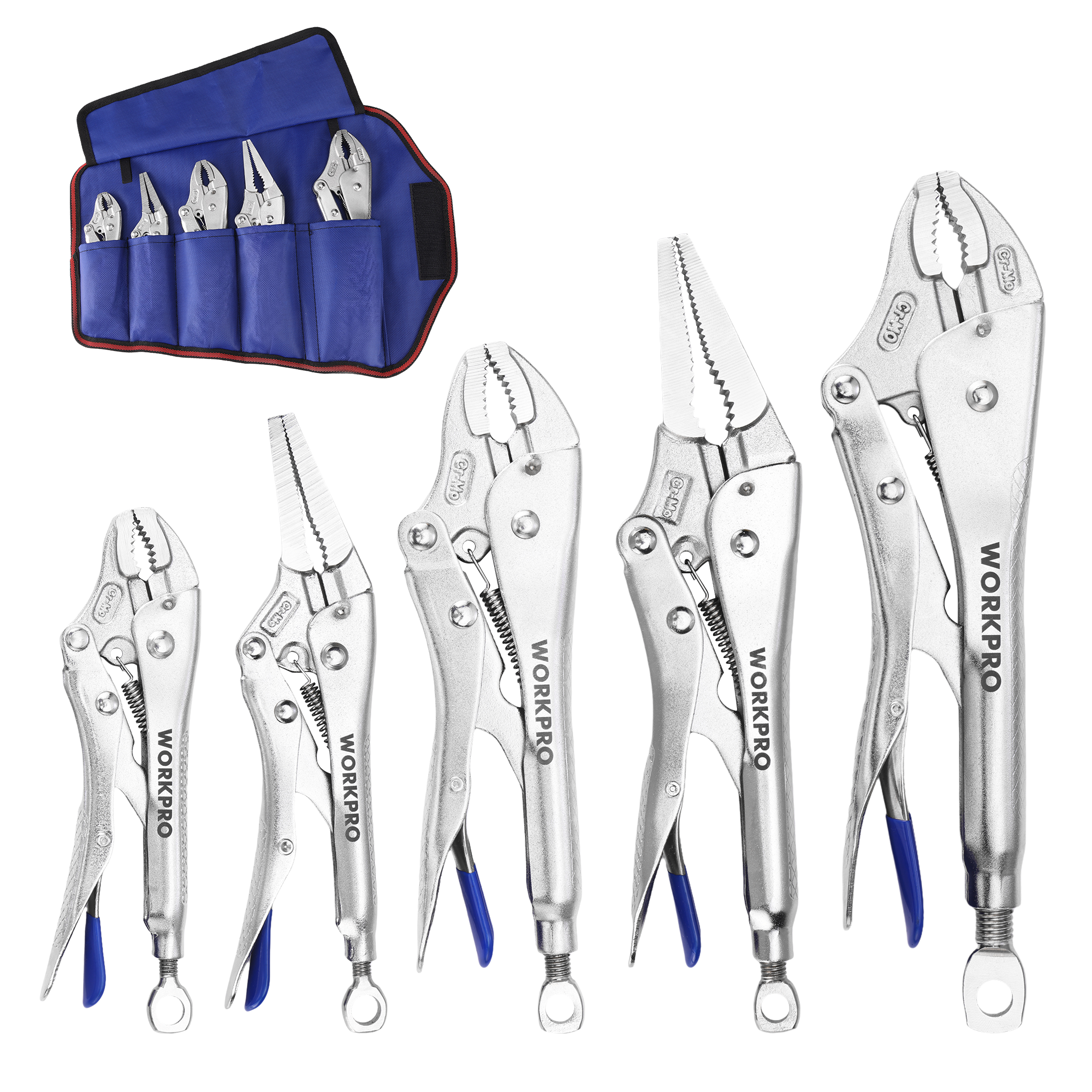 WORKPRO 5-Piece locking pliers set in silver steel with innovation quality, durable secure grip and blue case