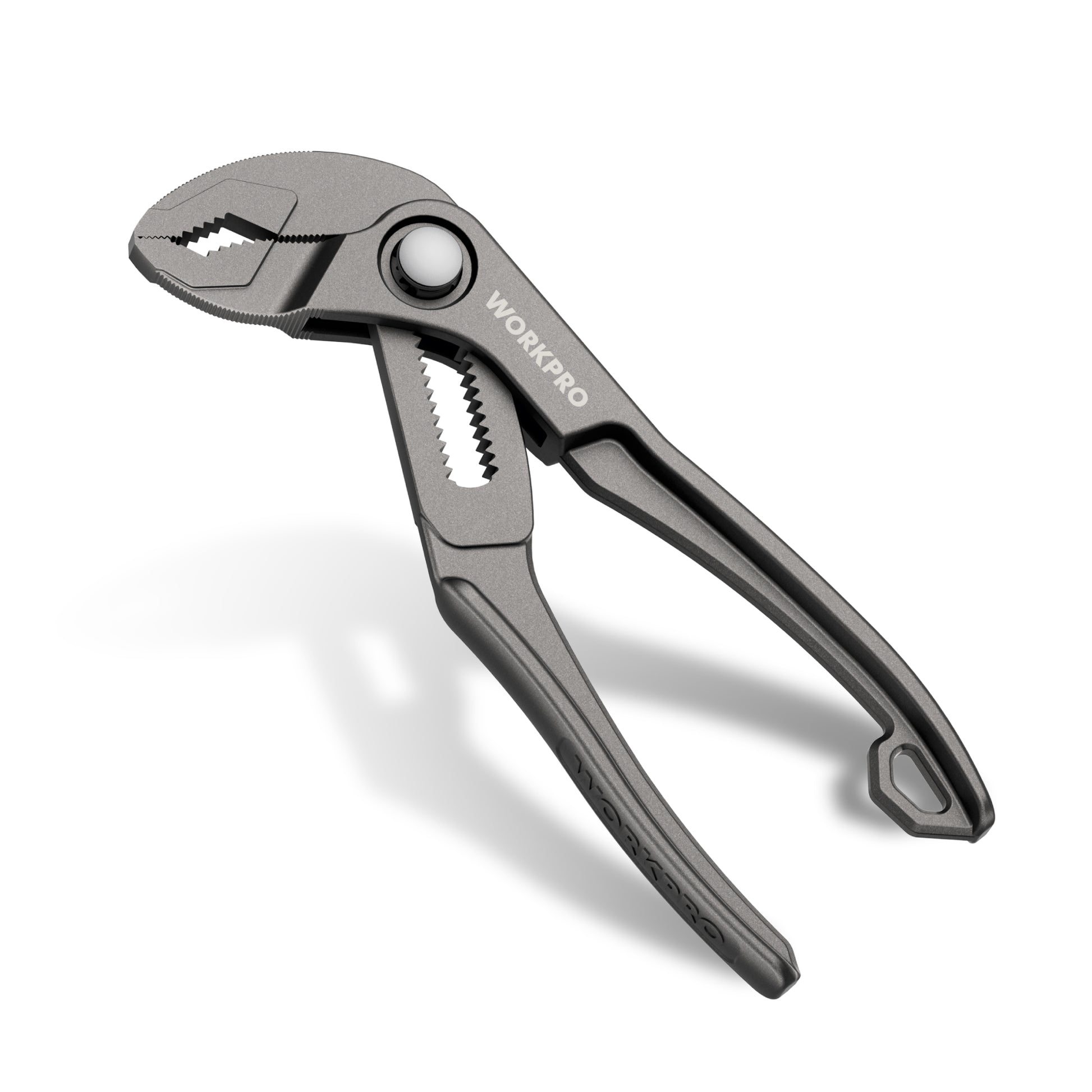 Grey WORKPRO mini water pump pliers, open jaws with knurled grip handles