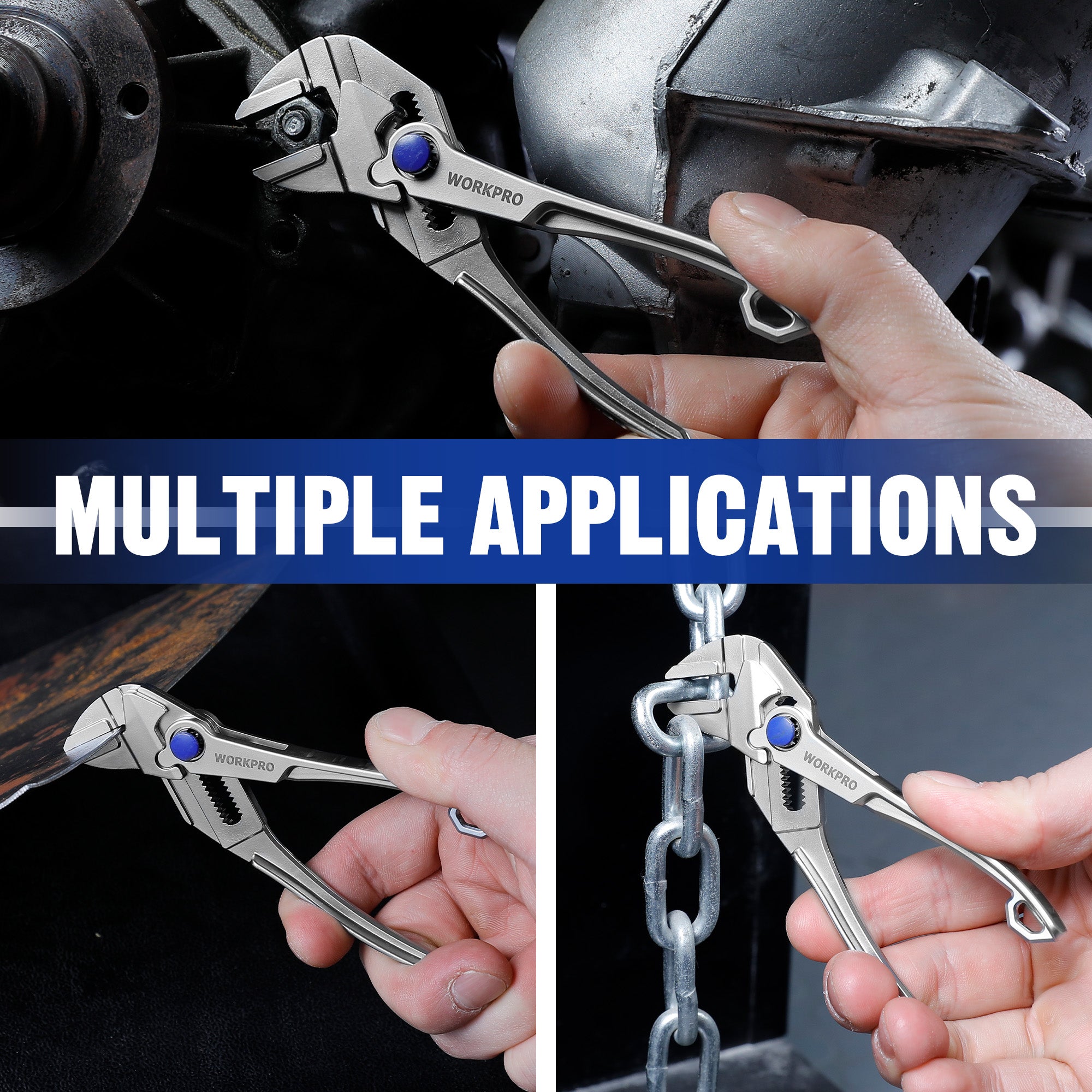 WORKPRO mini adjustable pliers wrench used for lifting chain; silver with blue pivot knob