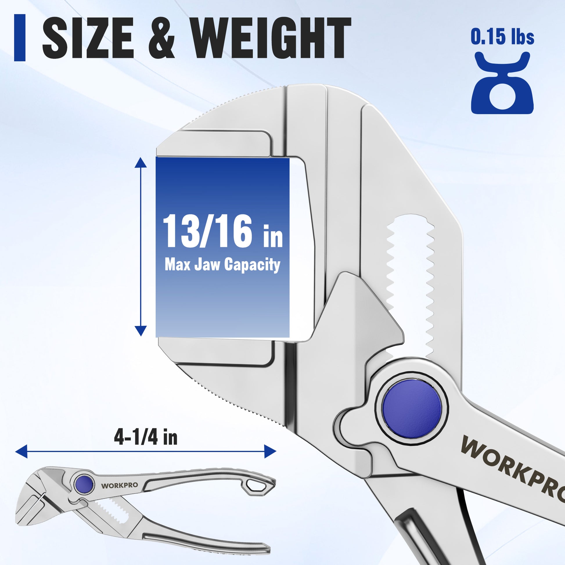 WORKPRO mini adjustable pliers wrench, silver with blue adjustment wheel and serrated jaws