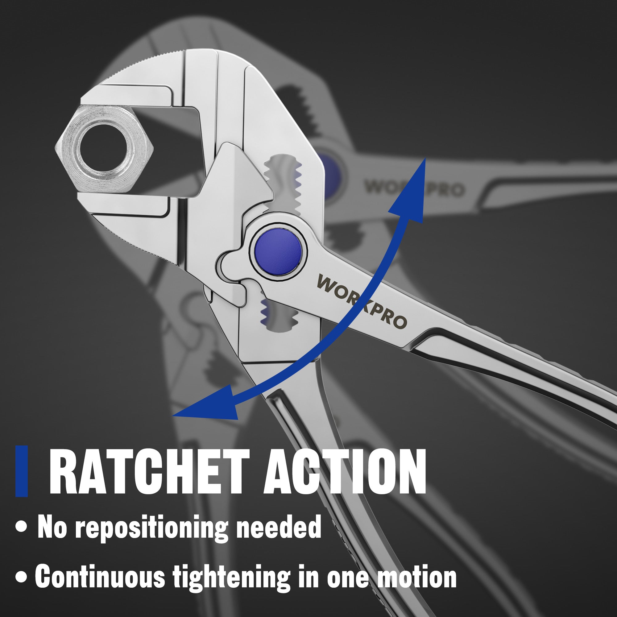WORKPRO adjustable pliers wrench with ratcheting action view and blue adjustment knob