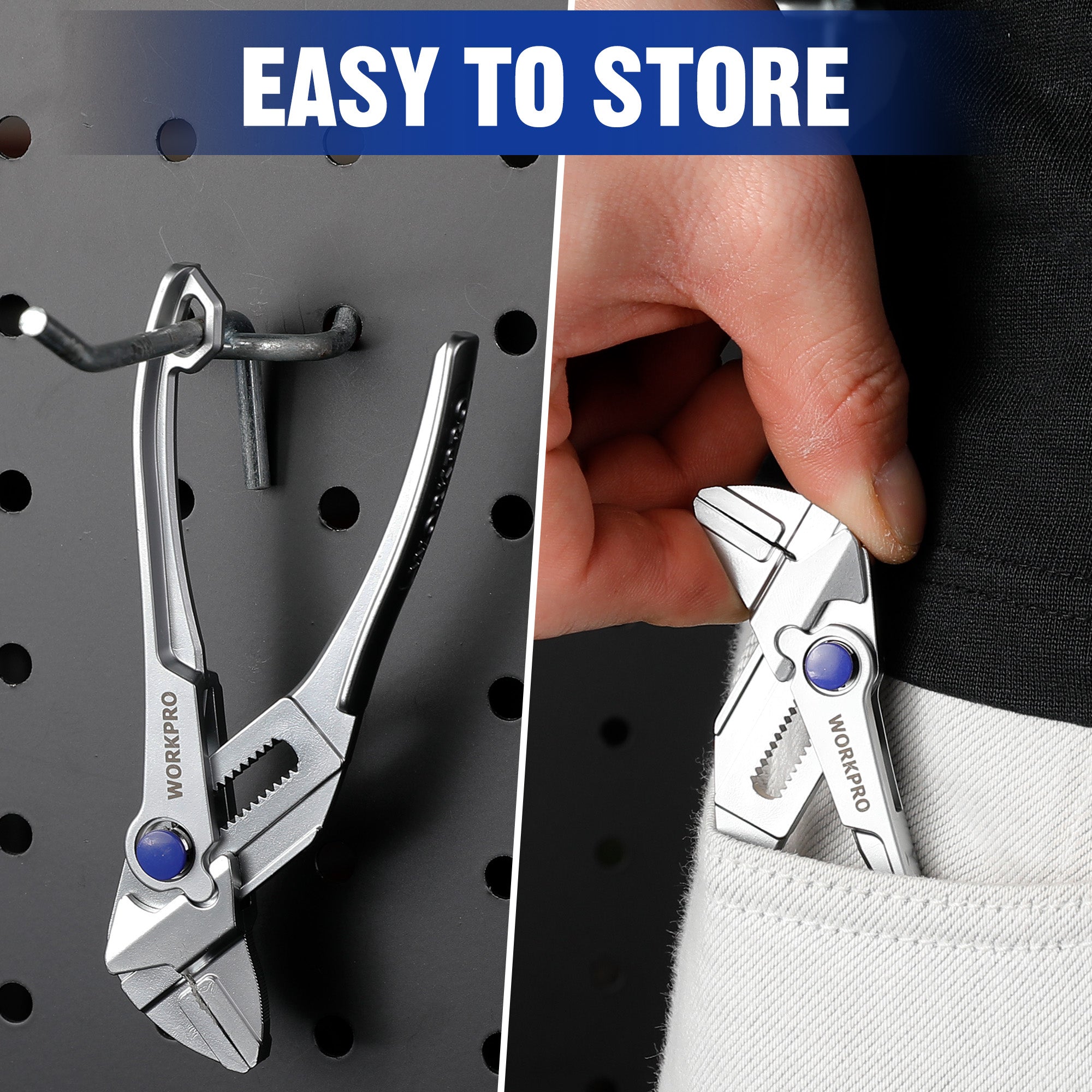 WORKPRO adjustable pliers wrench being stored in a tool holster; silver with blue knob