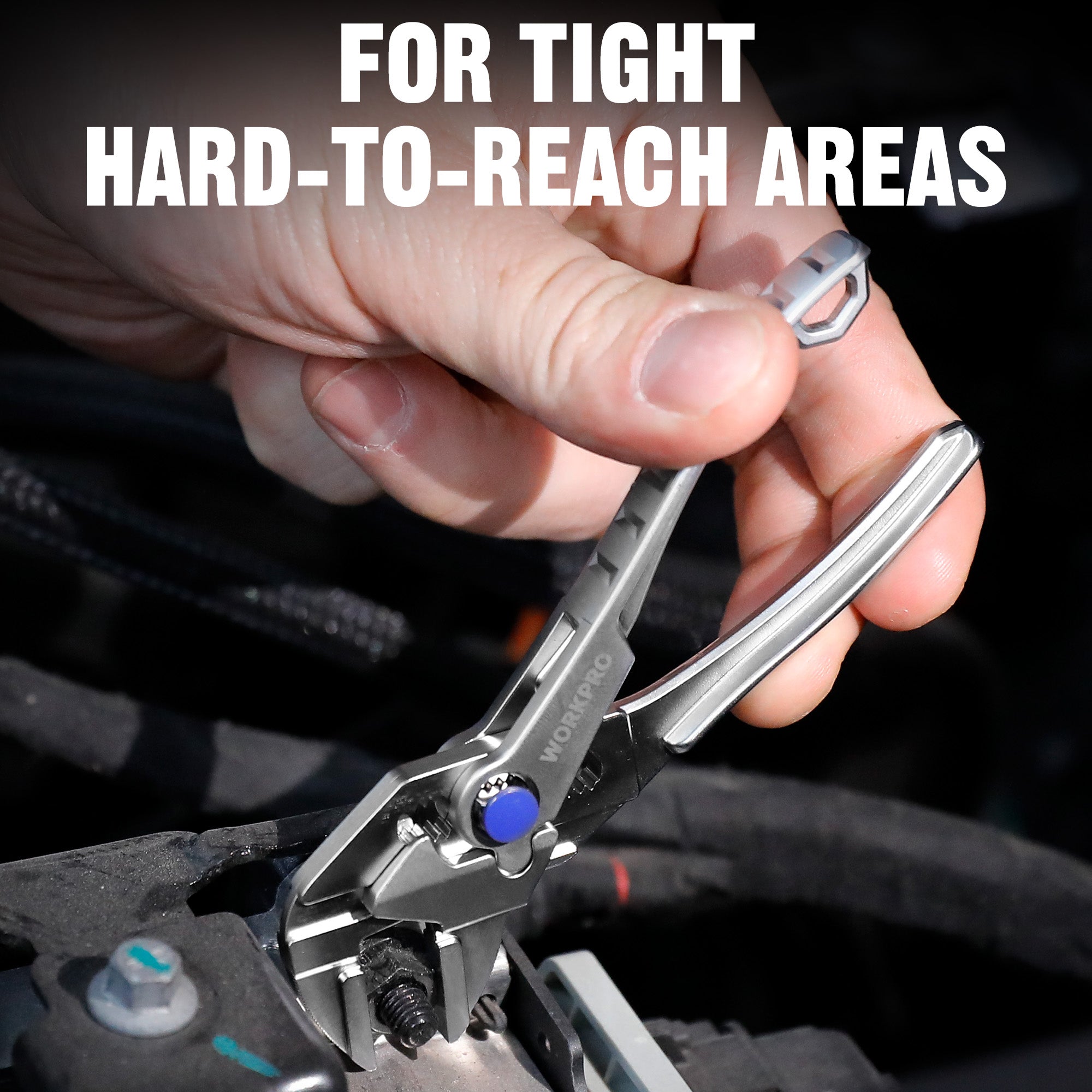 WORKPRO mini adjustable pliers wrench reaching tight spaces; silver tool with blue knob