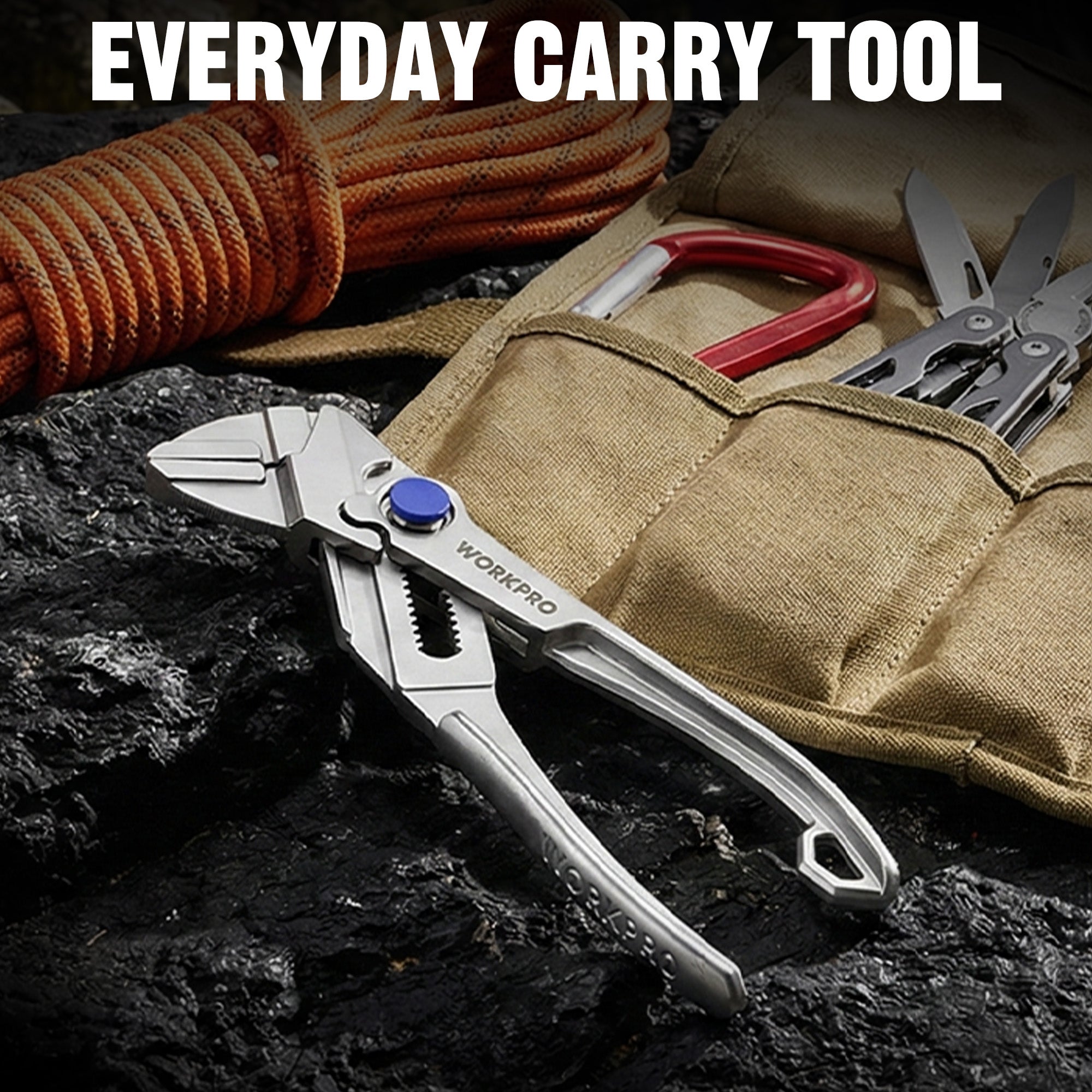 WORKPRO everyday carry pliers wrench on fabric pouch; silver with blue adjustment knob