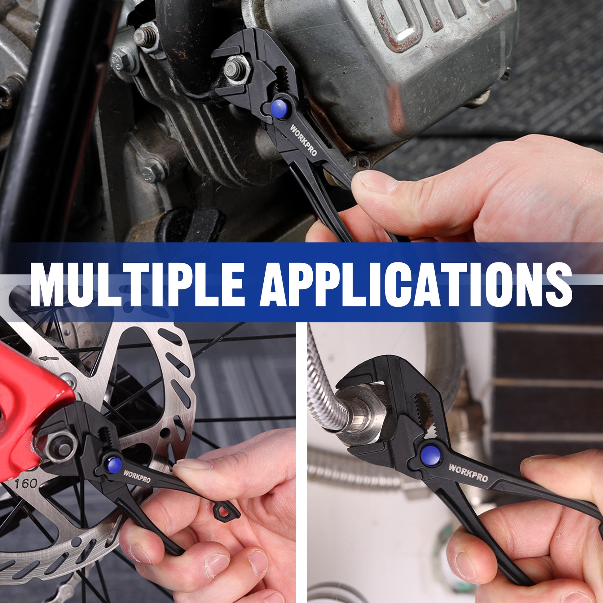 WORKPRO mini adjustable pliers wrench holding a fastener, black jaws with blue knob