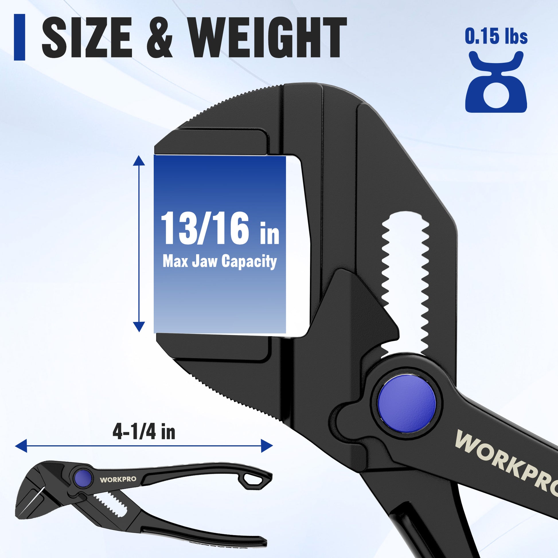 WORKPRO mini adjustable pliers wrench, black compact tool with serrated parallel jaws