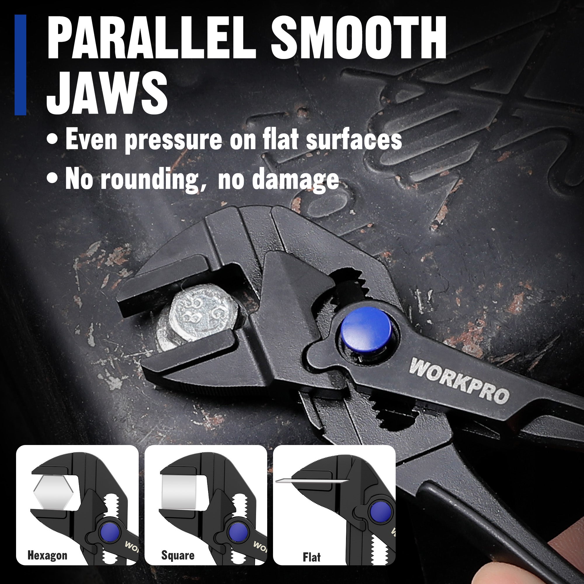 WORKPRO mini adjustable pliers wrench with smooth parallel jaws, black finish and blue knob