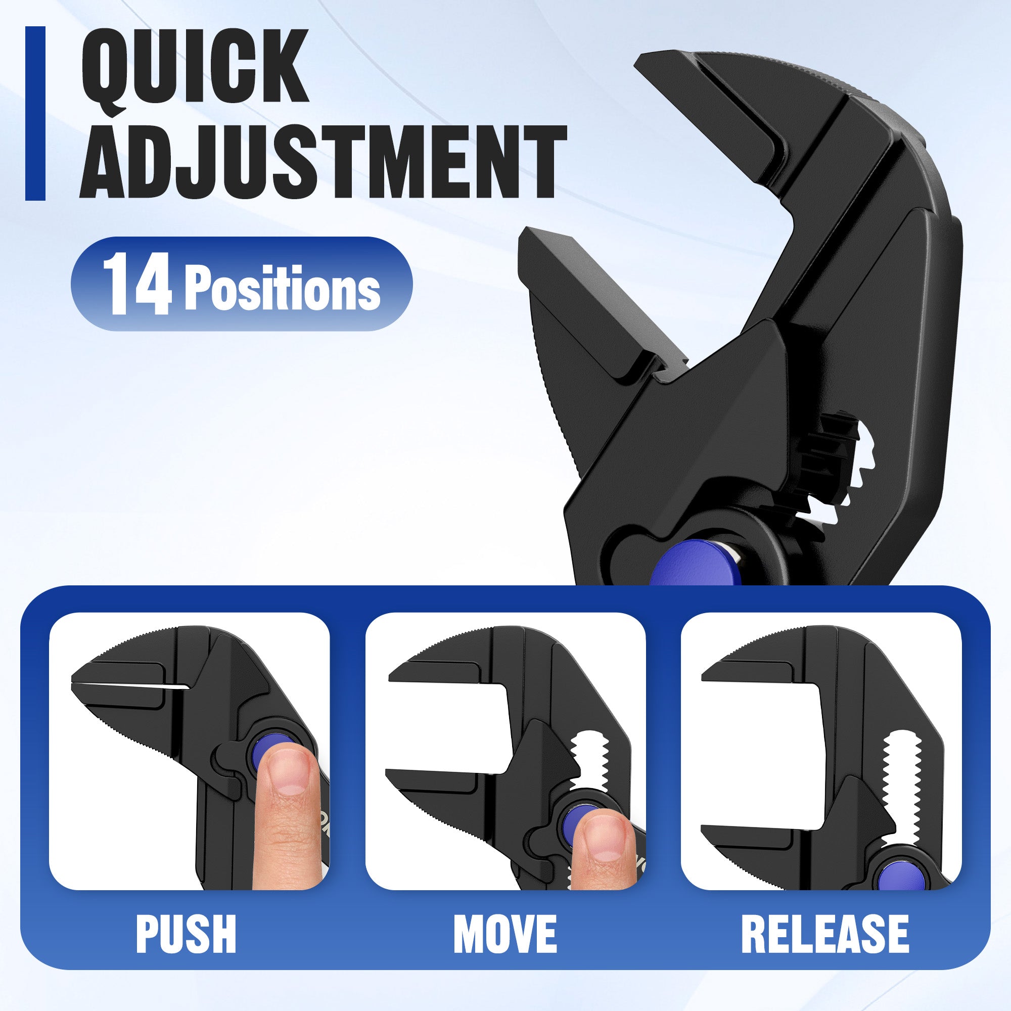 WORKPRO mini adjustable pliers wrench with quick-adjust slide, black, blue knob