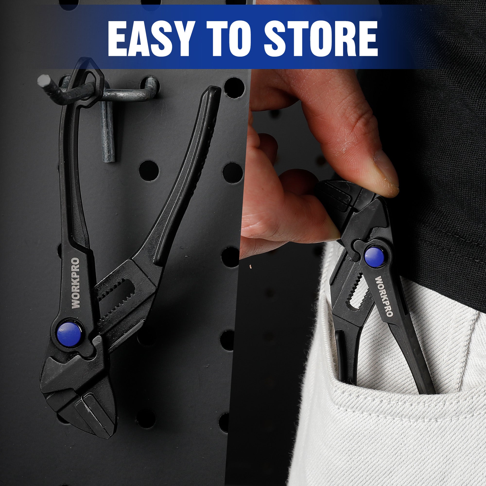 WORKPRO mini adjustable pliers wrench clipped on a tool panel, black with blue knob