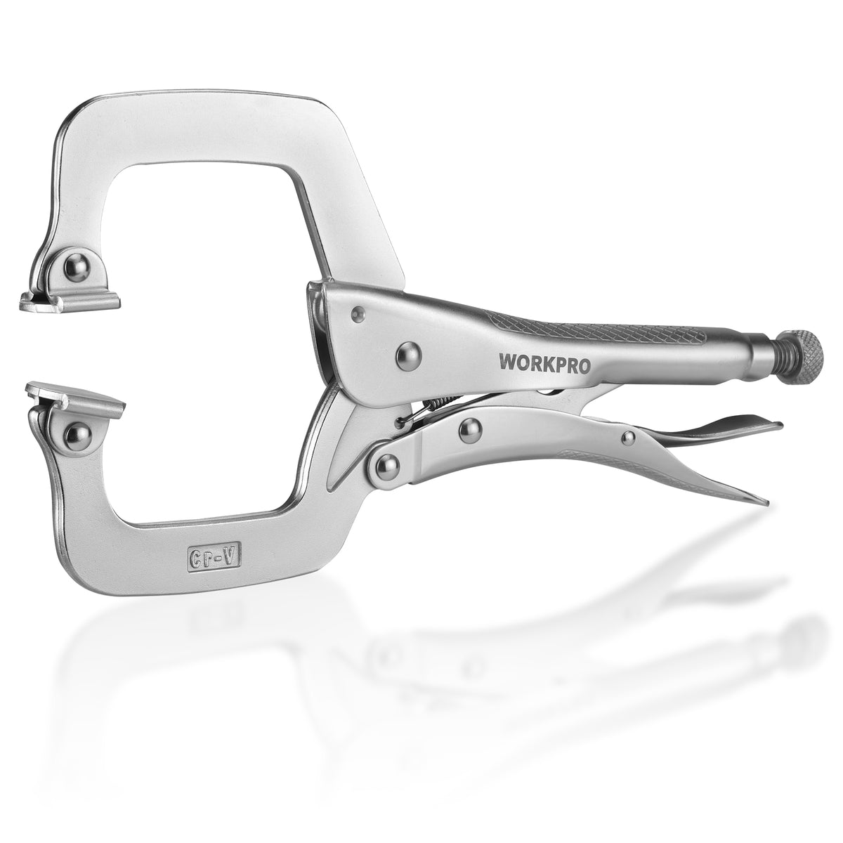 WORKPRO 11 inch locking C-clamp with swivel pads in silver steel, durable quality and secure innovation
