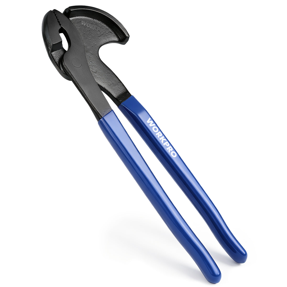 Workpro 11 inch nail puller pliers with blue handles, a curved head acting as a fulcrum, and non-slip ergonomic grips.