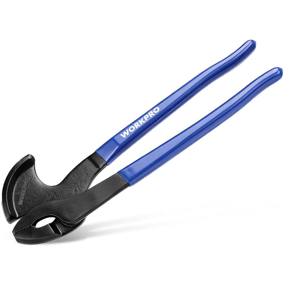 Workpro high leverage nail puller pliers with blue non-slip ergonomic handles and a curved head acting as a fulcrum