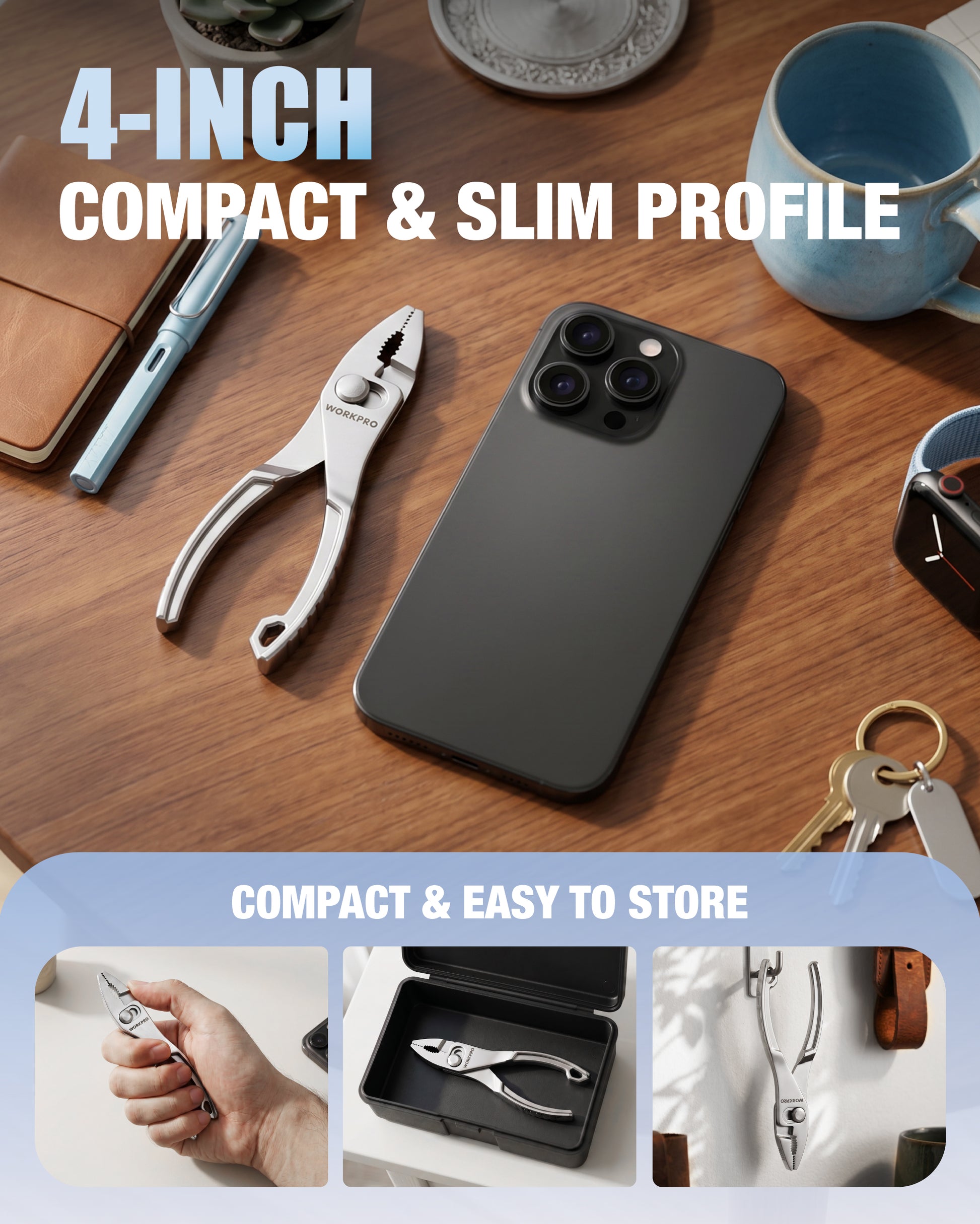 Compact WORKPRO slip joint pliers with slim profile for tight spaces