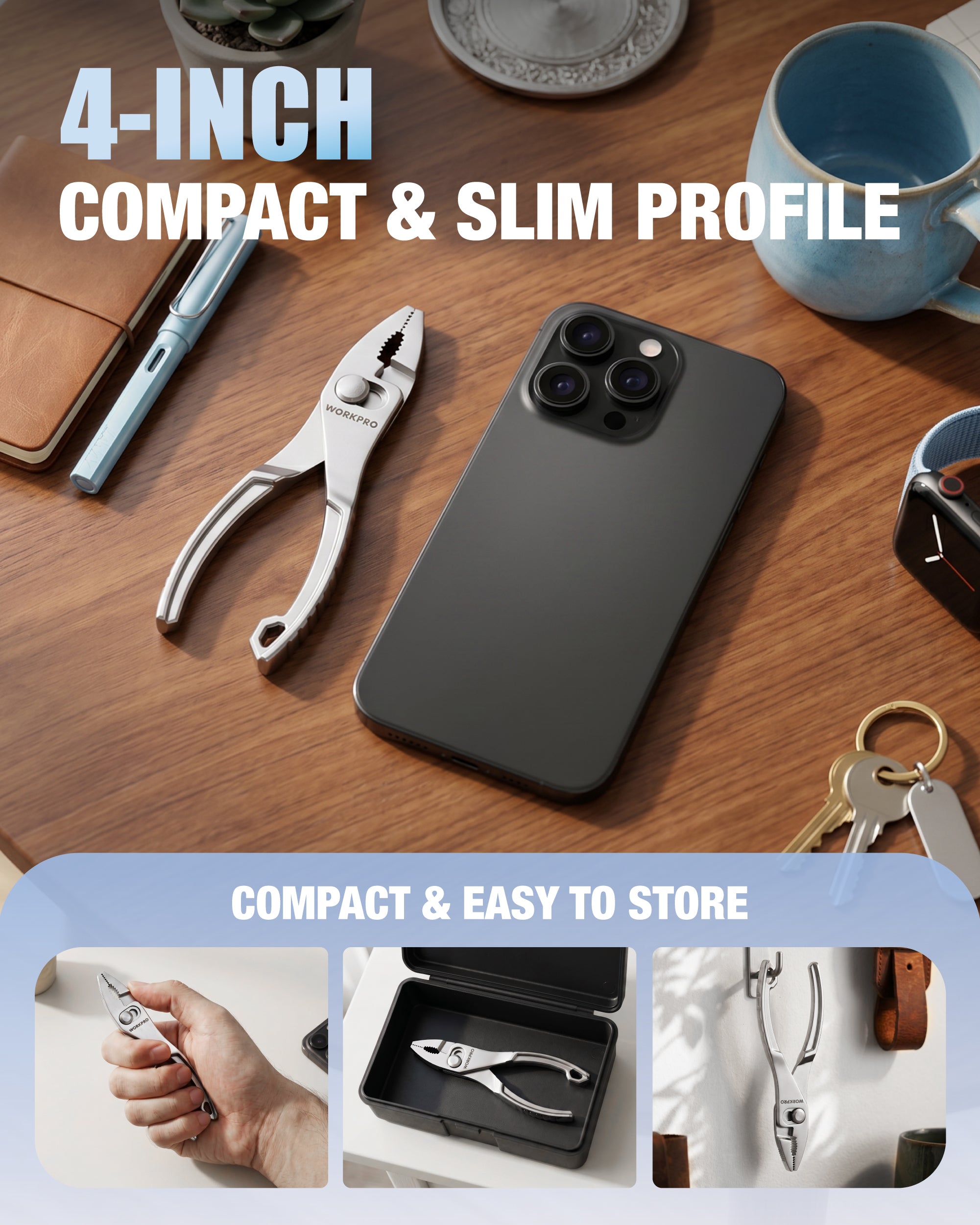 Compact WORKPRO slip joint pliers with slim profile for tight spaces