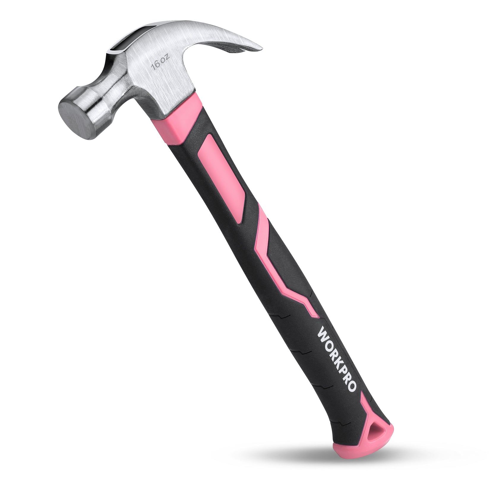 16 oz claw hammer with fiberglass handle, pink and black grip, forged steel head