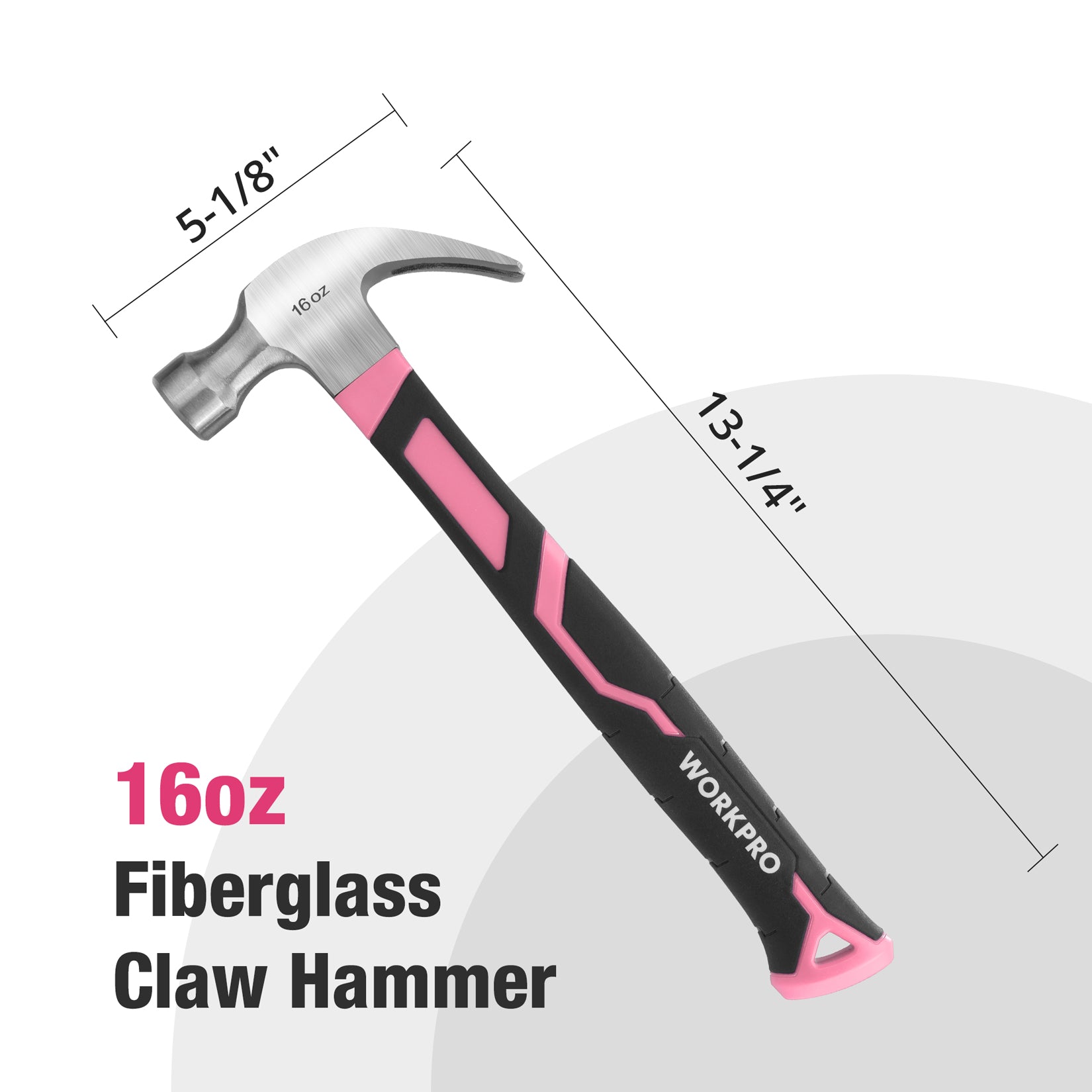 16 oz fiberglass claw hammer with pink end cap and black textured handle grip