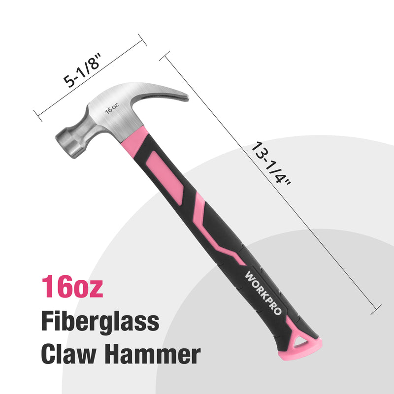 WORKPRO 16 oz Claw Hammer with Fiberglass Handle & Forged Hardened Steel Head  - Pink Ribbon