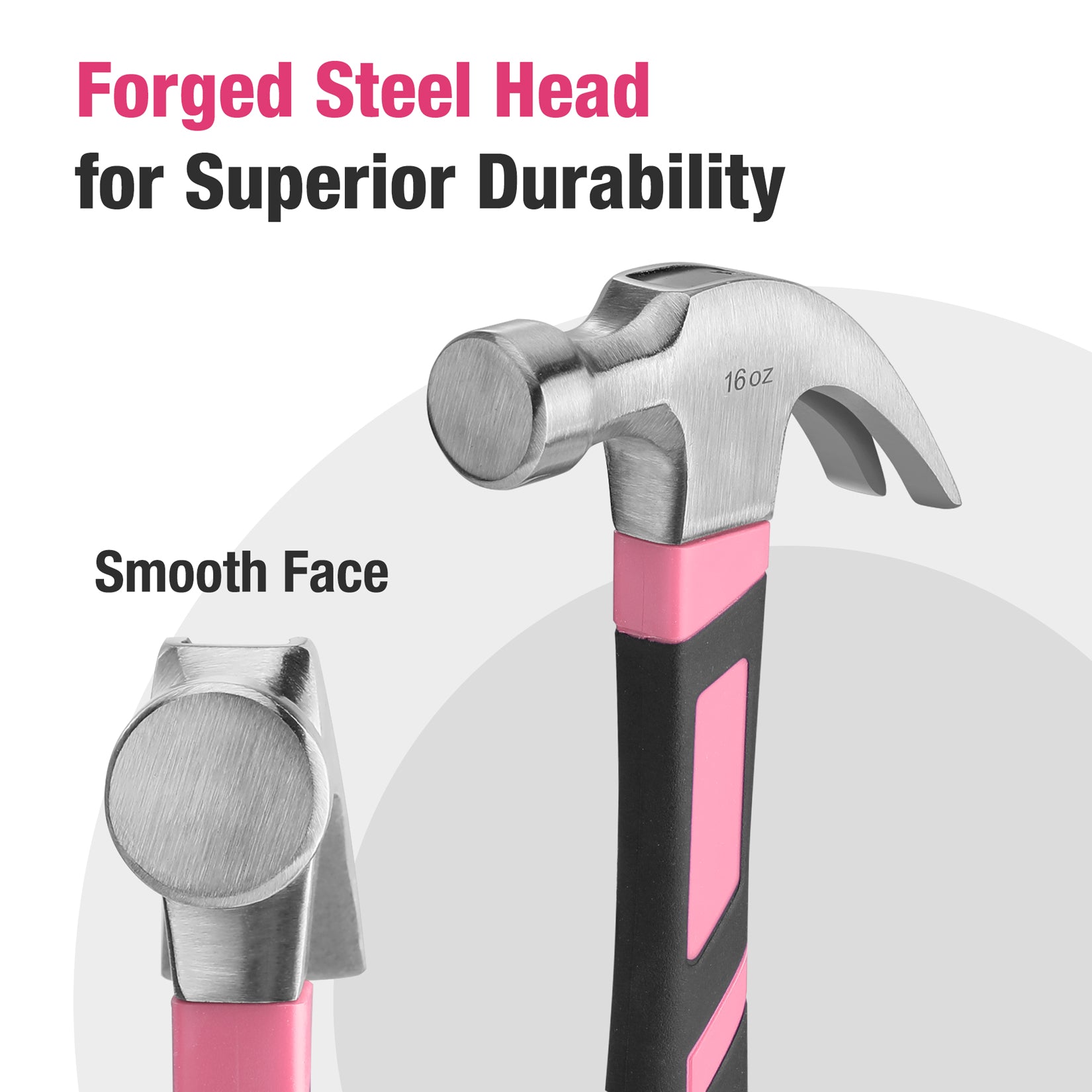 Forged steel claw hammer head with smooth face and pink collar on black handle
