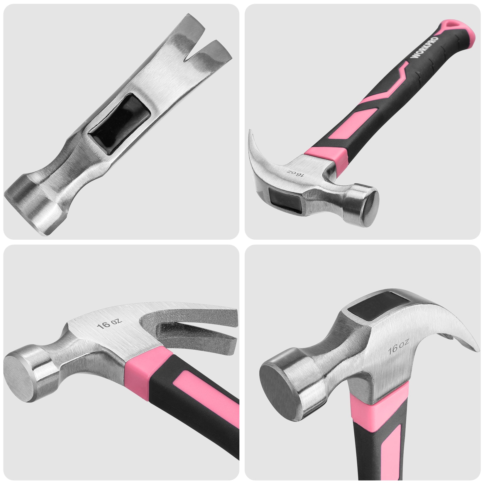 Claw hammer showing steel head and black handle with pink accent in four views