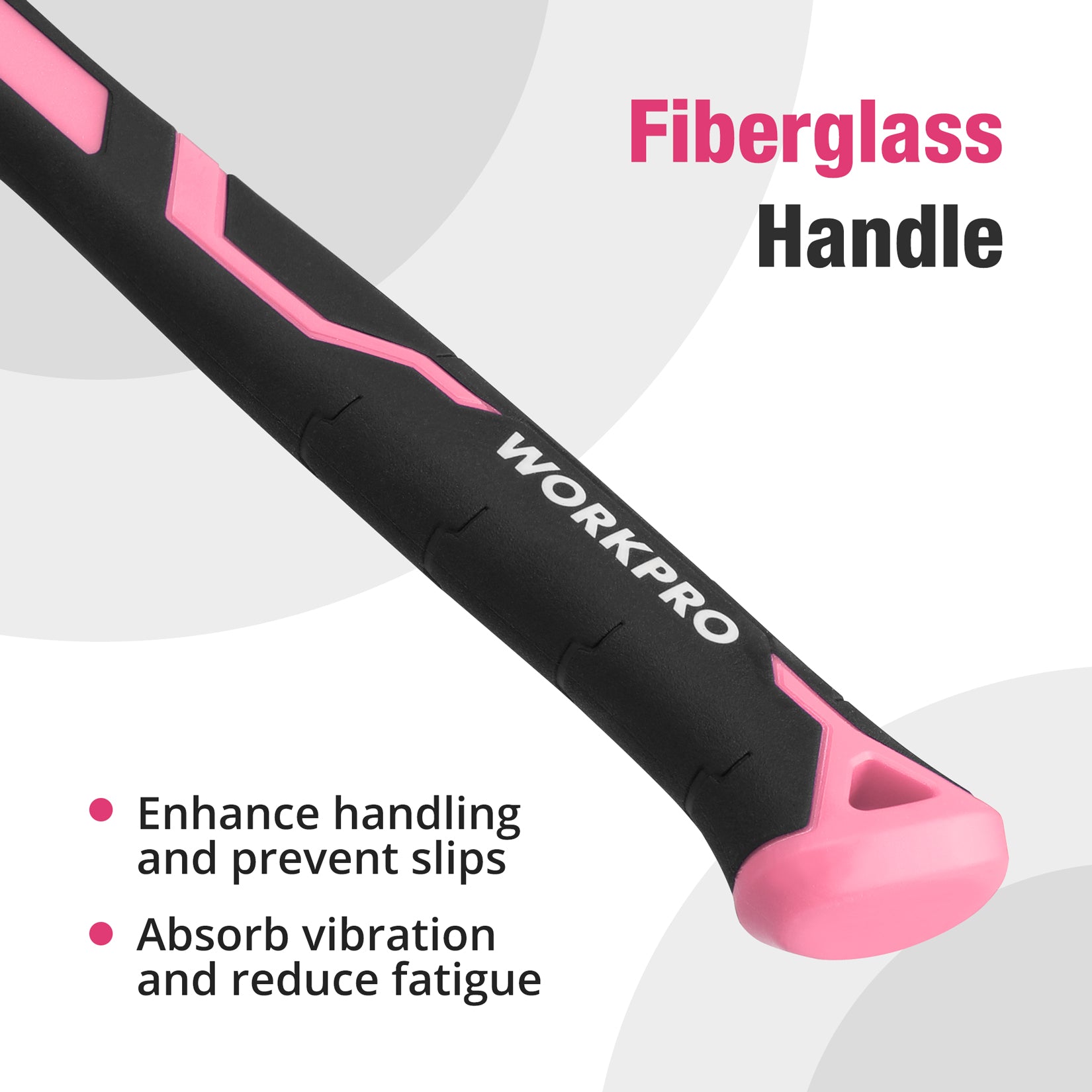 Fiberglass handle of claw hammer with pink end cap and black textured non-slip grip