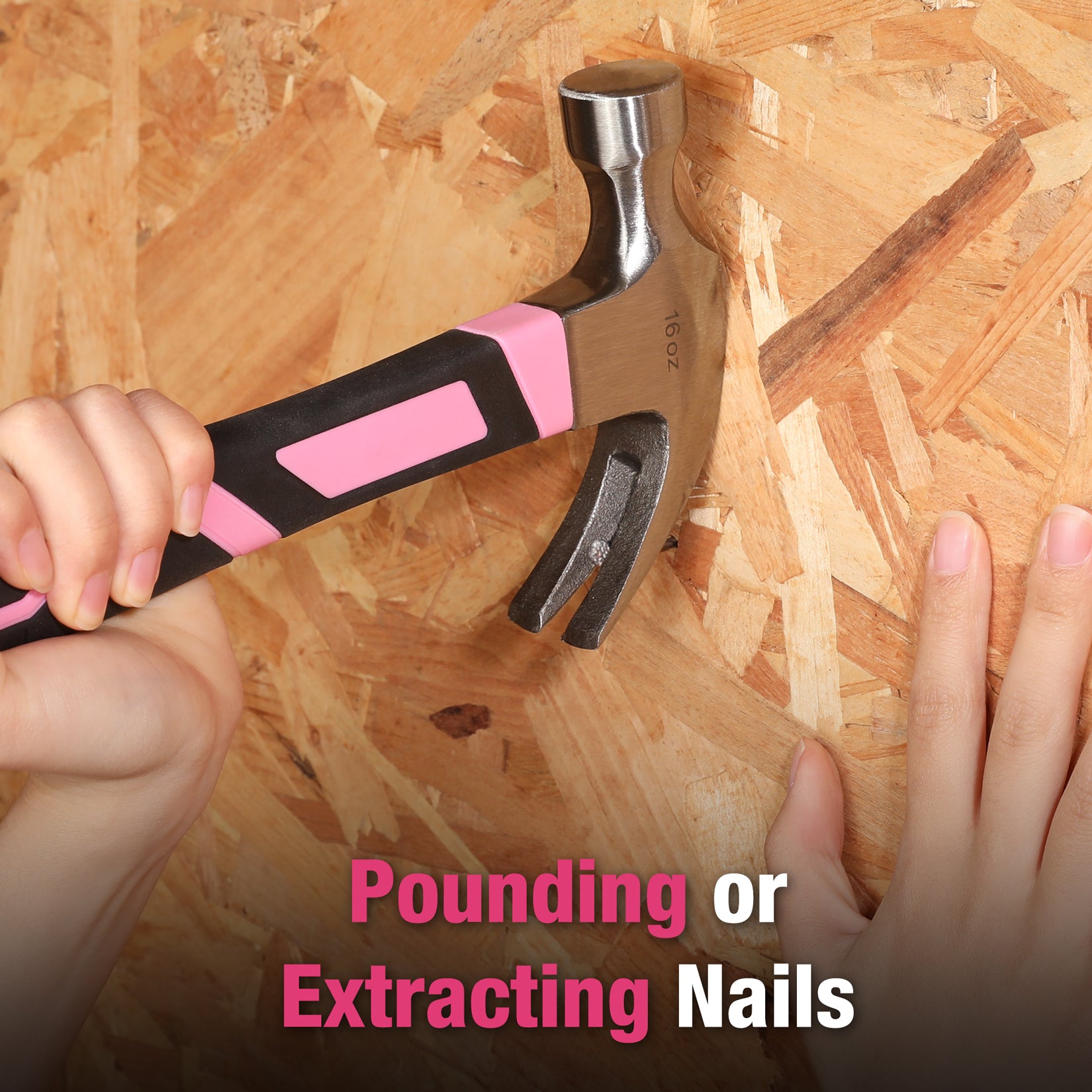Claw hammer with black-and-pink handle pounding and extracting nails from wood