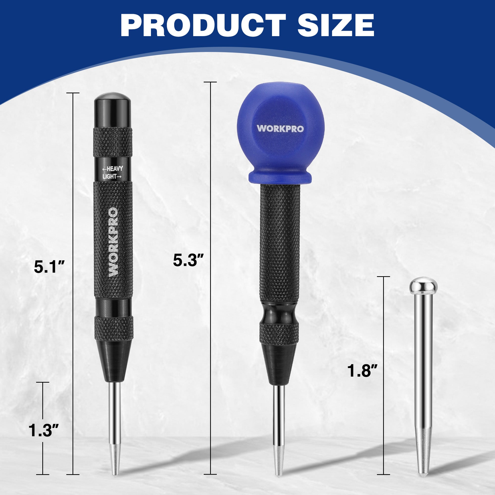 Automatic center punch with blue cushion cap, black knurled handle, and steel point
