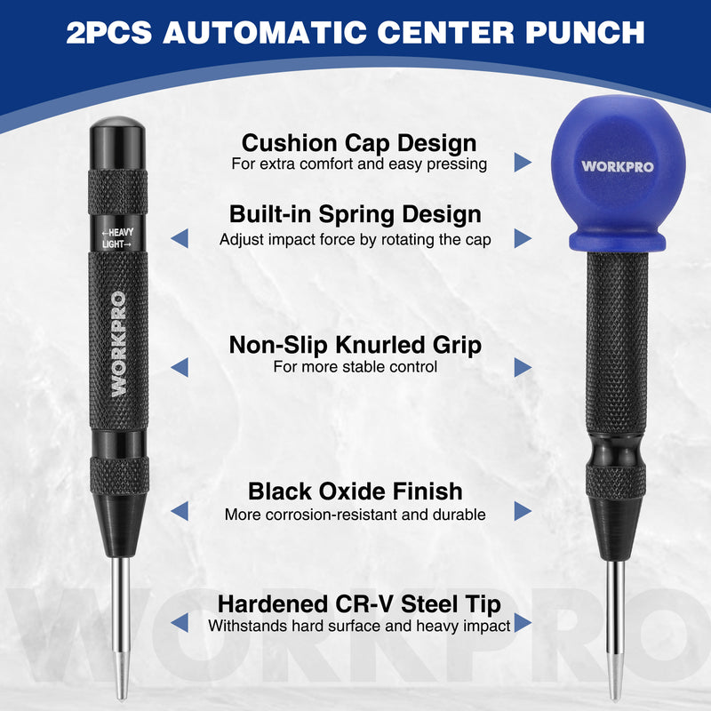 WORKPRO 2PCS Metal Automatic Adjustable Spring Loaded Center Punch with an Extra Replacement Tip