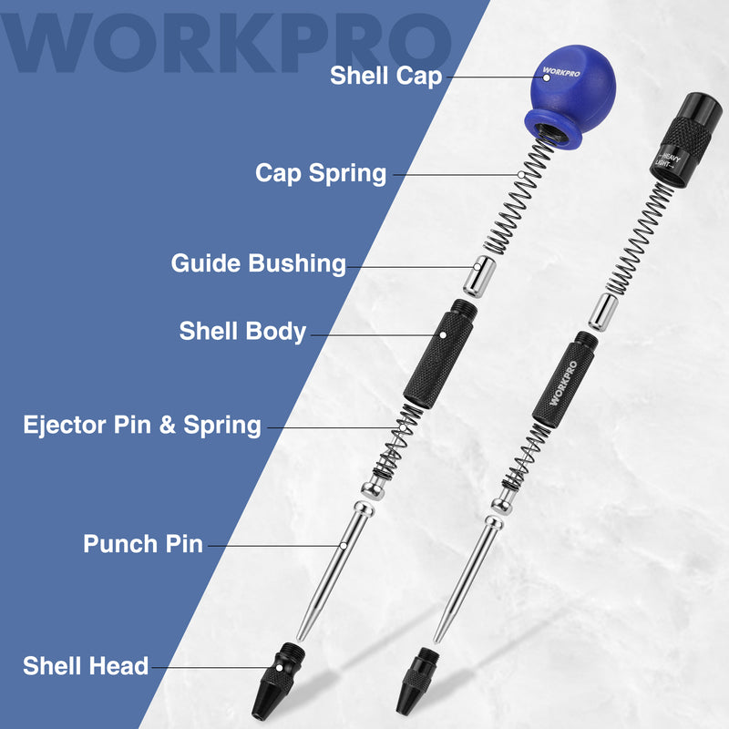 WORKPRO 2PCS Metal Automatic Adjustable Spring Loaded Center Punch with an Extra Replacement Tip