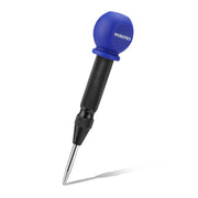 Automatic center punch with blue cushion cap, black knurled grip, and pointed metal tip
