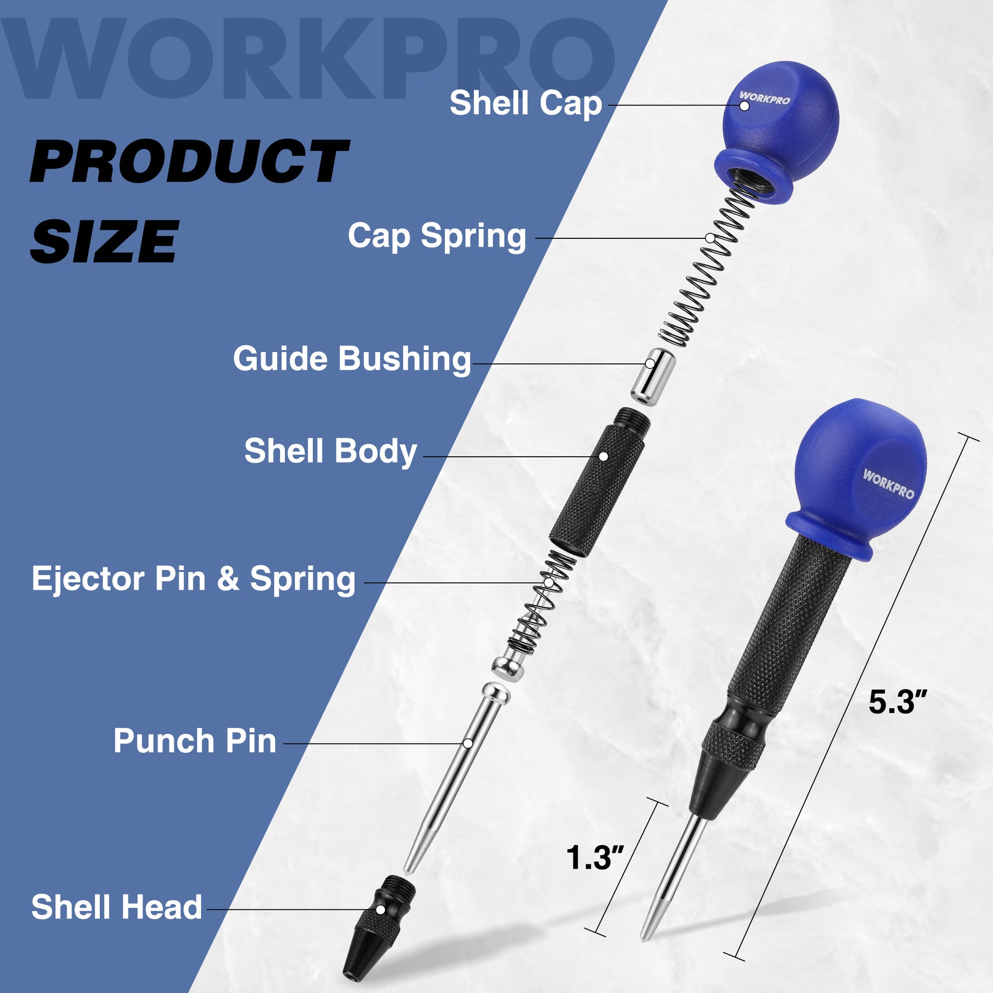 Automatic center punch with exposed spring, black knurled handle, and pointed tip