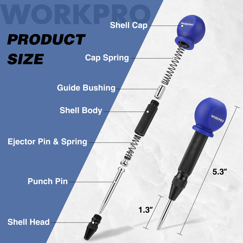 WORKPRO 5" Automatic Center Punch for Metal, Adjustable Spring Loaded Center Punch with Cushion Cap