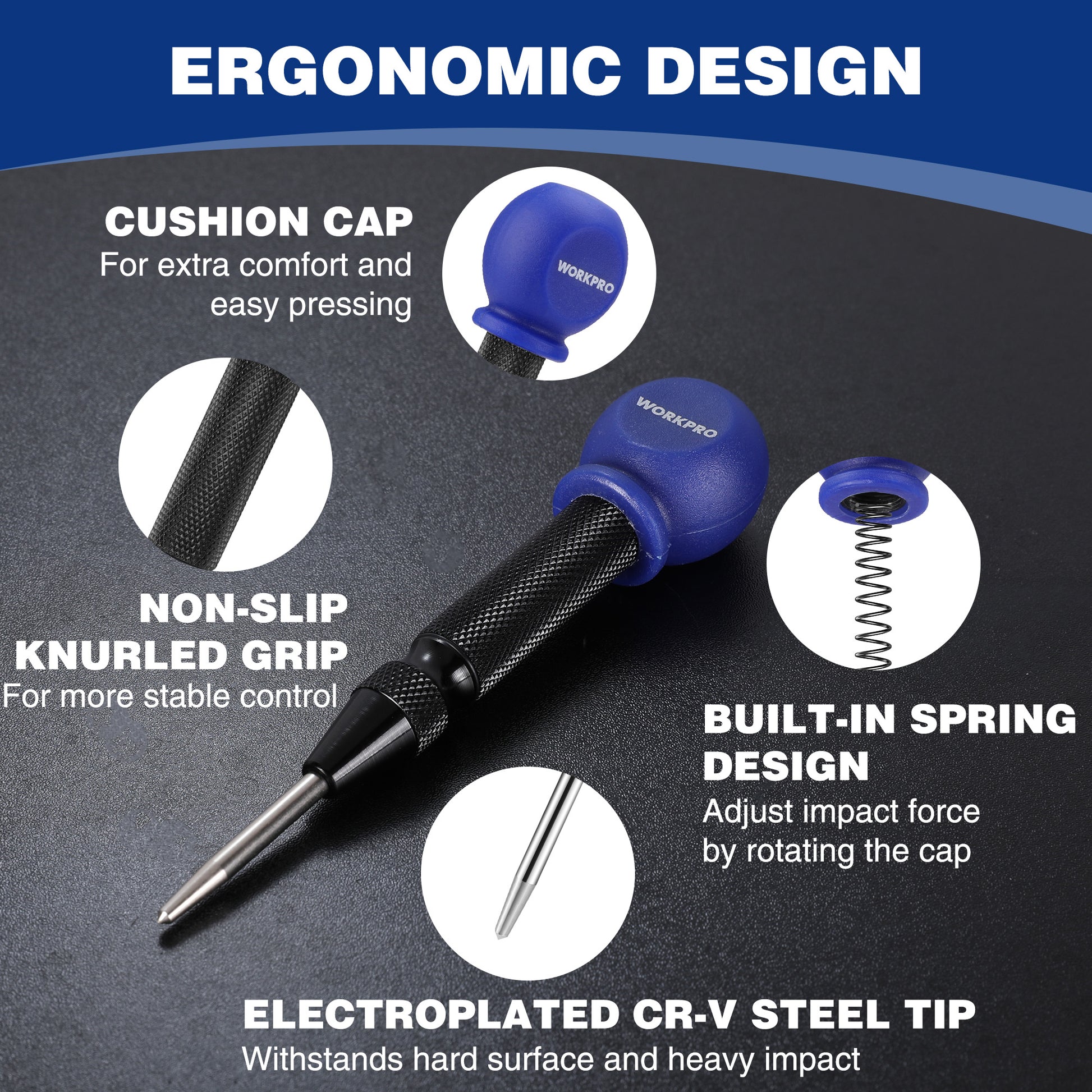 Blue cushion cap center punch with non-slip knurled grip and electoplated steel tip