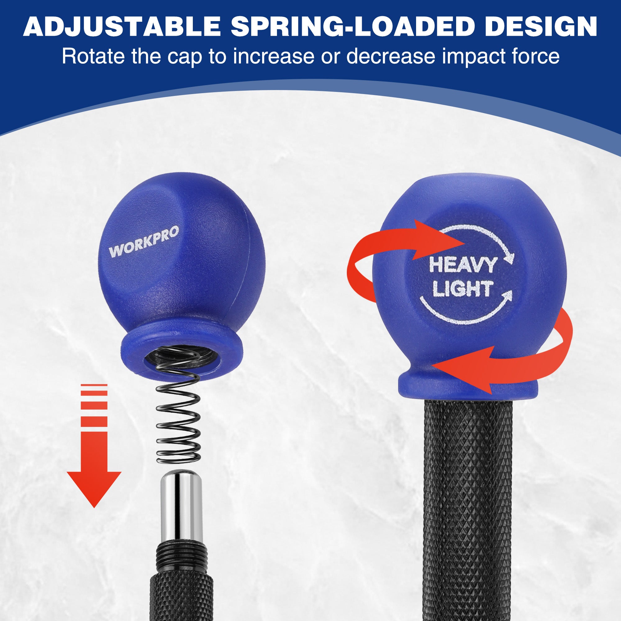 Adjustable spring-loaded center punch with blue cap and black knurled grip