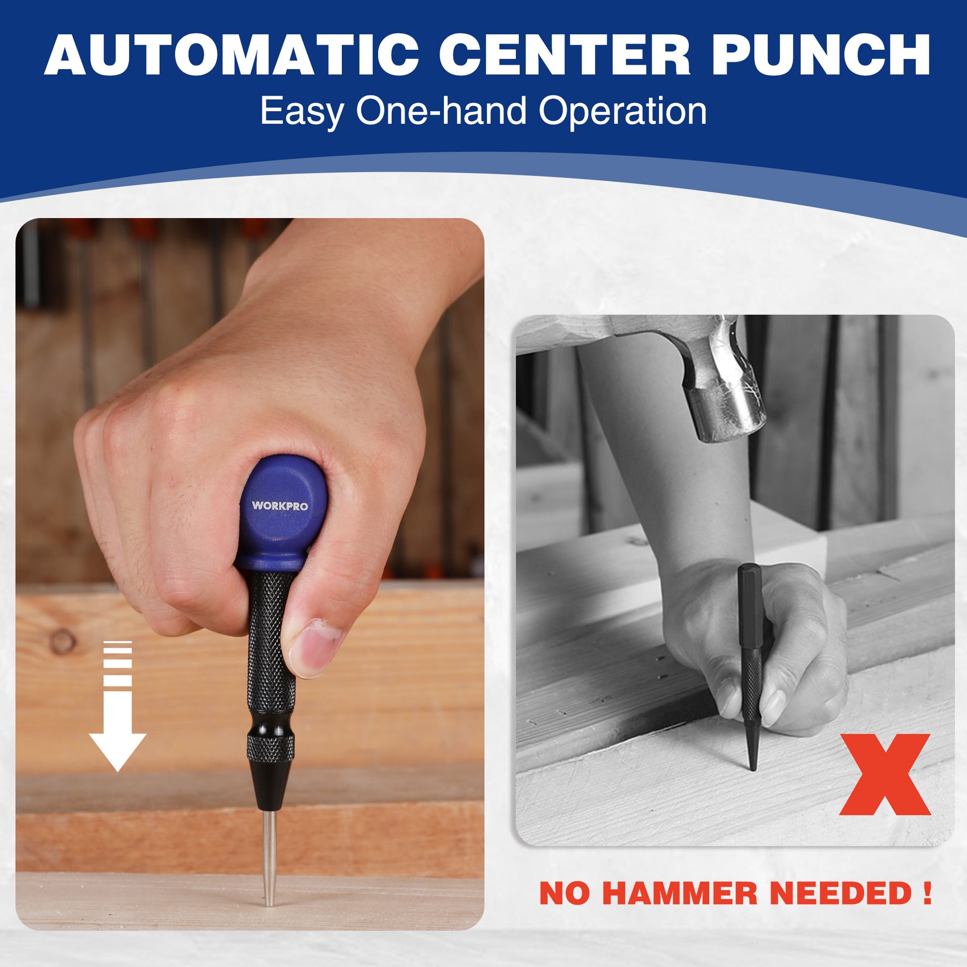 Automatic center punch held in hand, blue cushion cap and steel point