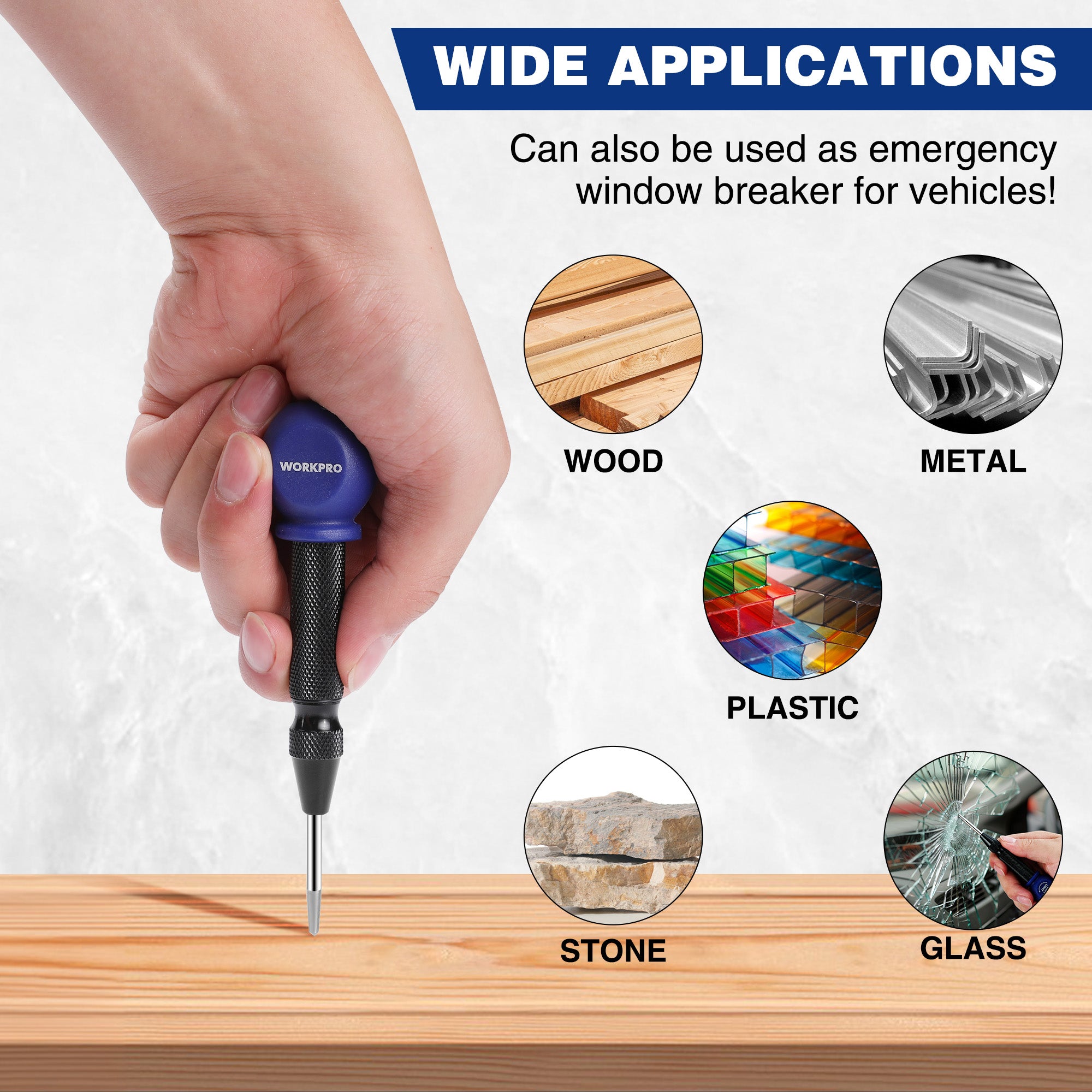 Center punch in hand with blue cushion cap and pointed metal tip