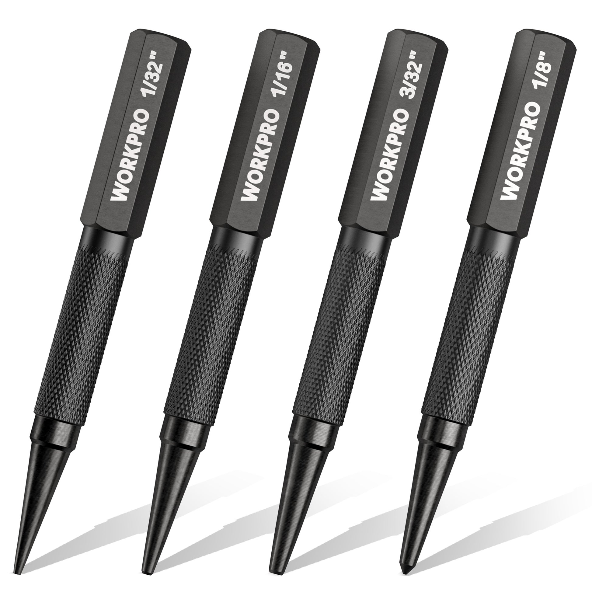 WORKPRO 4-piece nail punch and center punch set, four black pointed tools