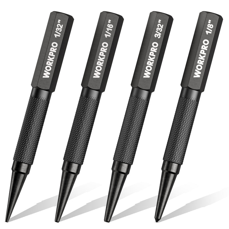 WORKPRO 4-Piece Nail Punch and Center Punch Set, 1/32", 1/16", 3/32" Nail Setter & 1/32" Center Punch Tool