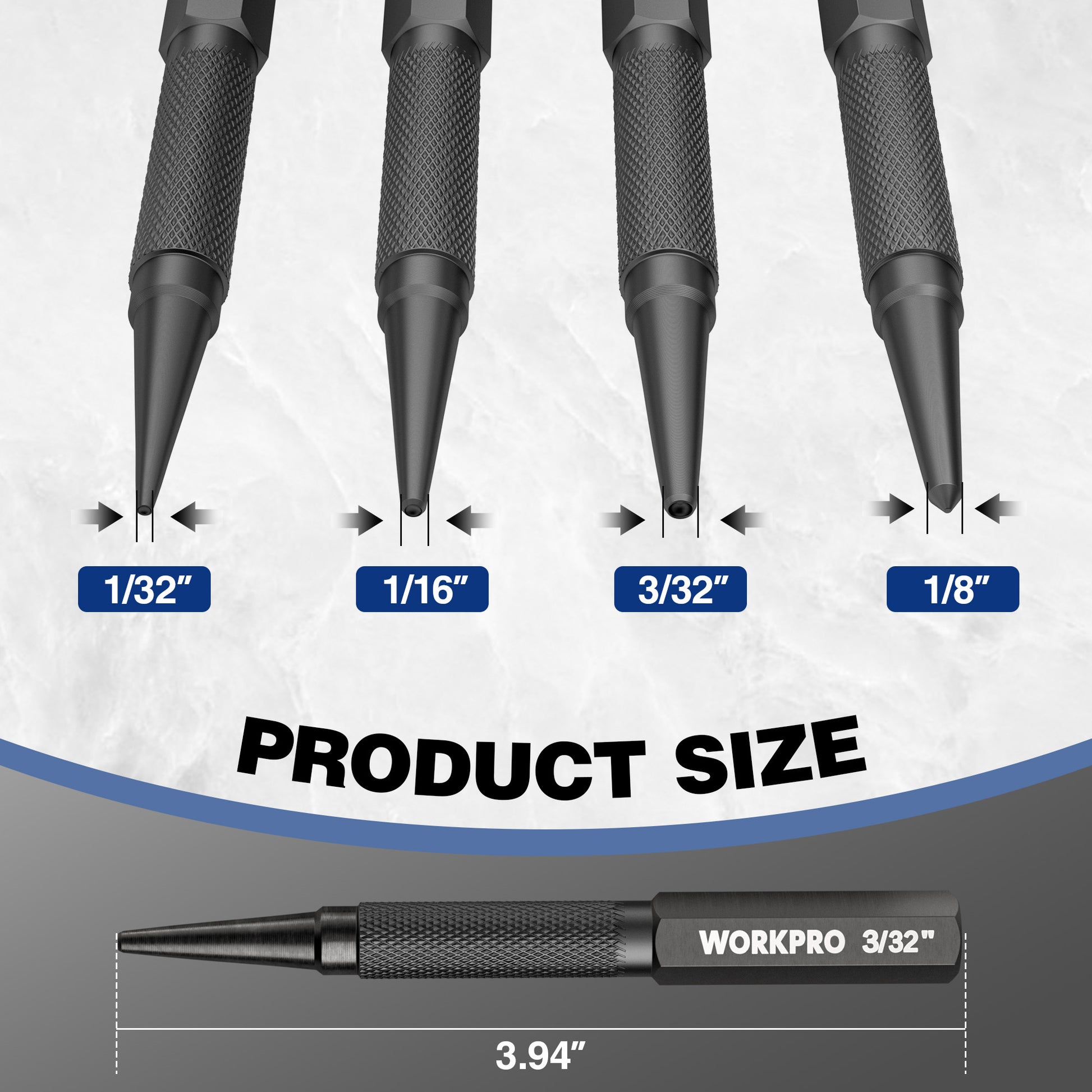 Four black punch tools with knurled handles and pointed tips, marked 1/32–1/8