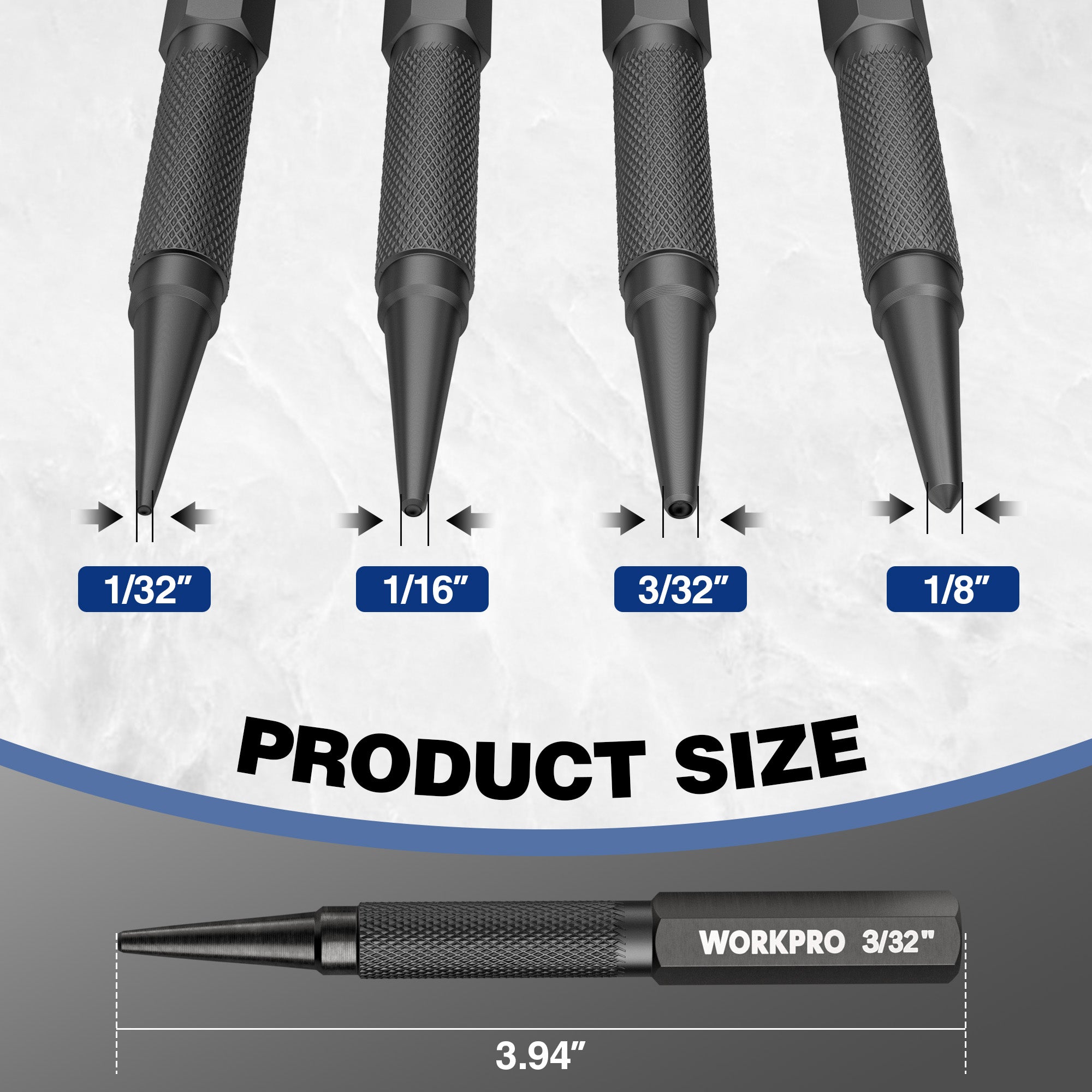 Four black punch tools with knurled handles and pointed tips, marked 1/32–1/8