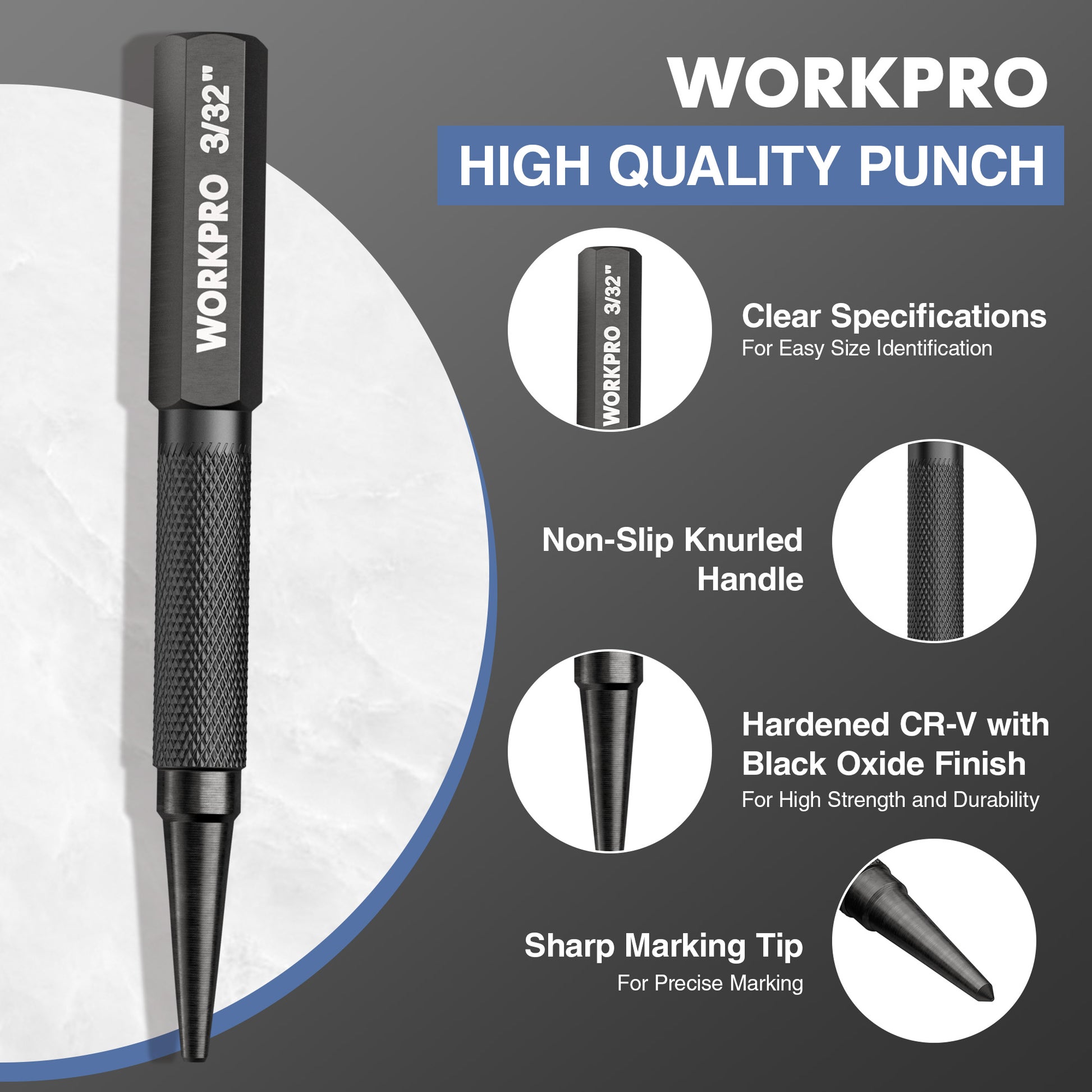 WORKPRO punch tool with non-slip knurled handle and sharp black marking tip