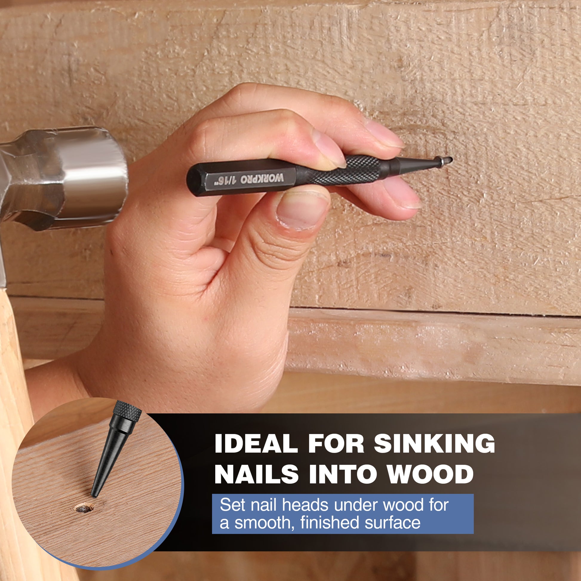WORKPRO punch tool held over wood, pointed tip for sinking nail heads