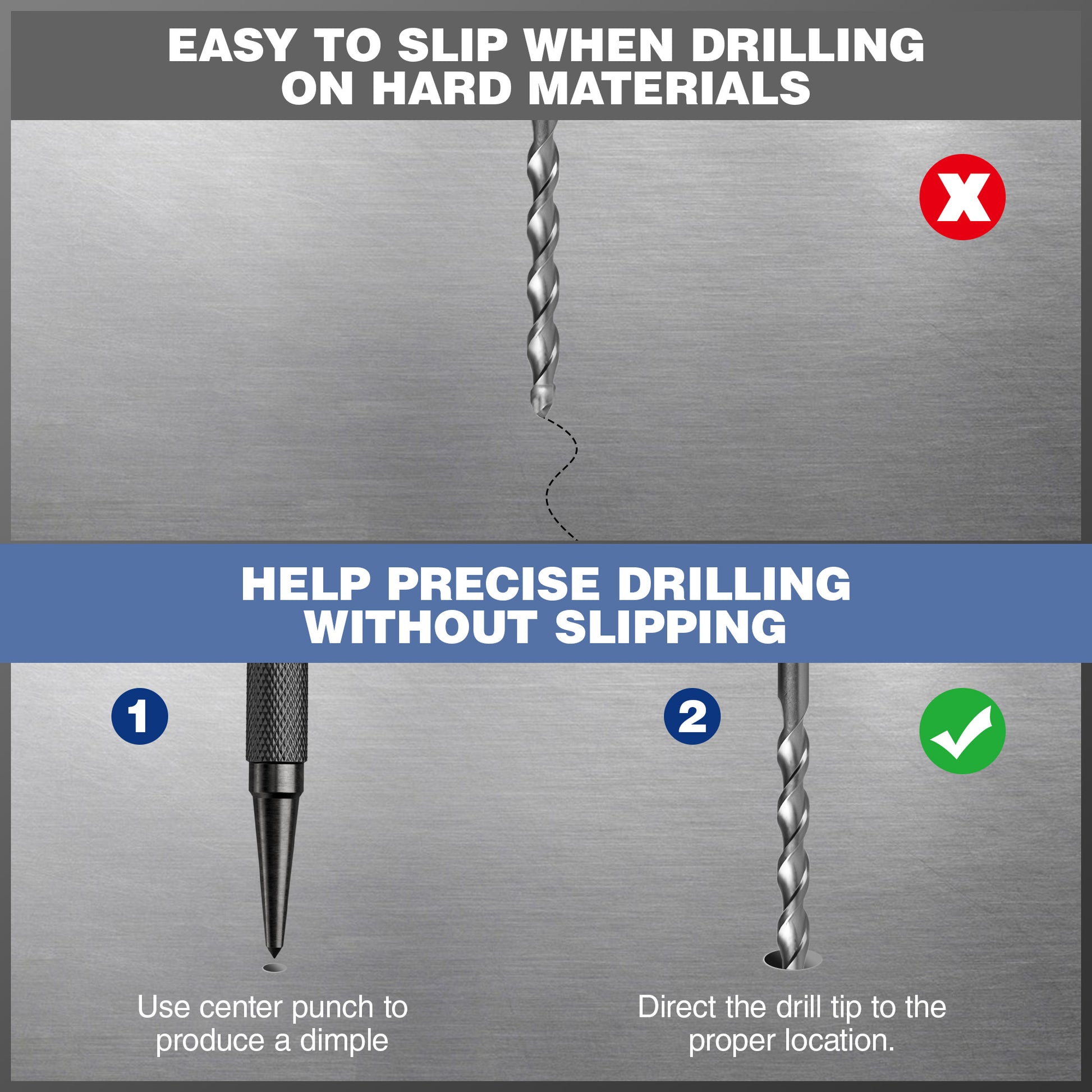 Center punch tool with pointed tip to help prevent slipping during drilling