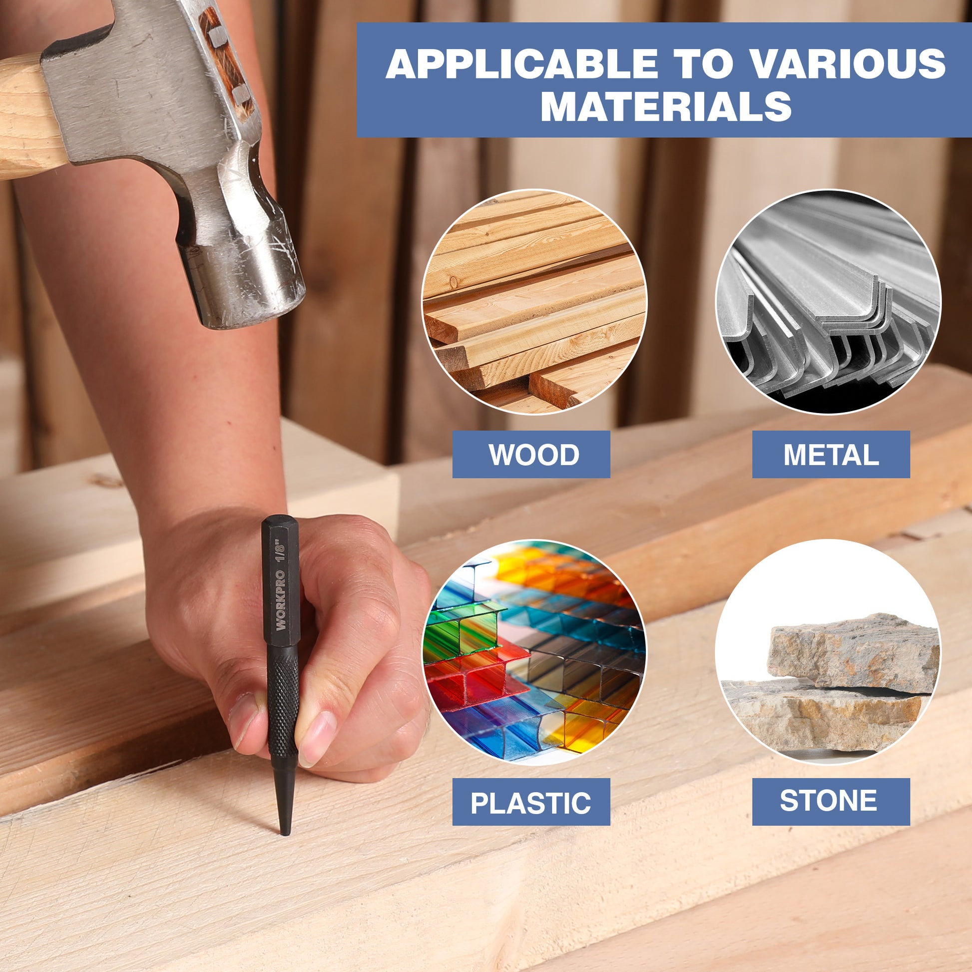WORKPRO punch tool with knurled grip for marking wood, metal, plastic, and stone