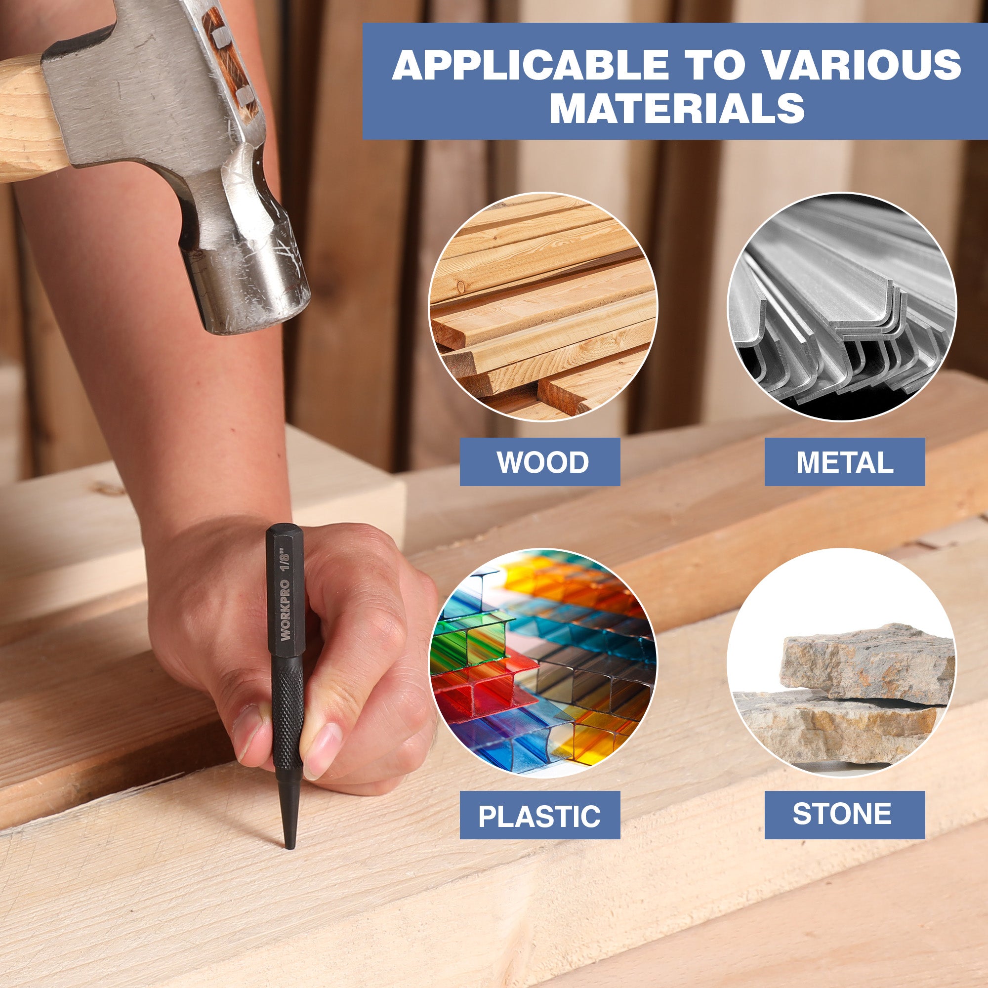 WORKPRO punch tool with knurled grip for marking wood, metal, plastic, and stone