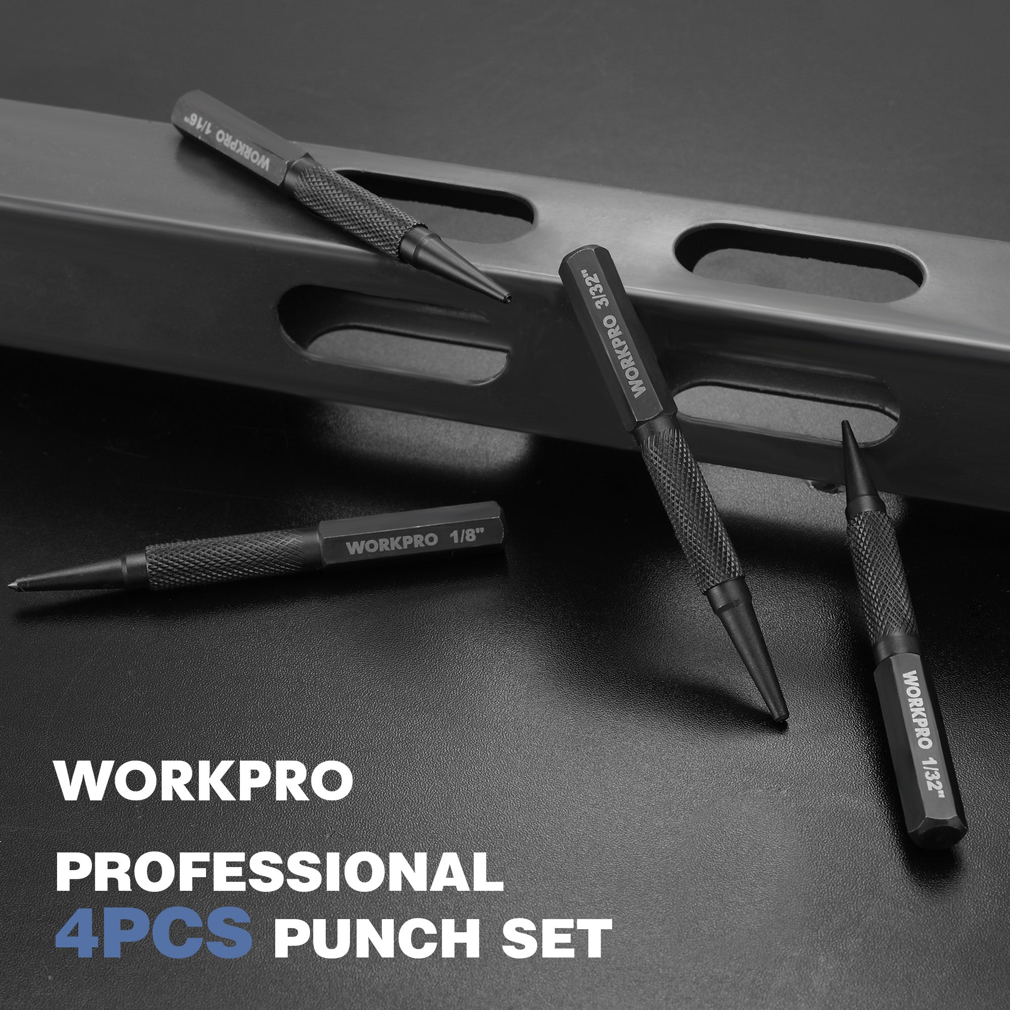 WORKPRO professional 4-piece punch set with black handles and pointed tips