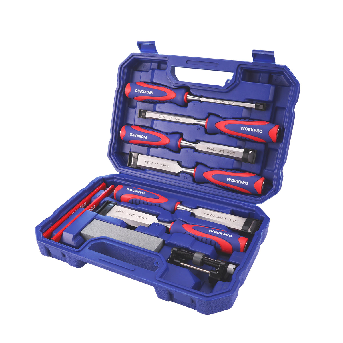 WORKPRO 10-Piece Wood Chisel Set for Woodworking, Cr-V Bevel Edge Chisels (1/4", 1/2", 3/4", 1", 1-1/4", 1-1/2") with Sharpening Stone, Honing Guide, Carpenter Pencils & Storage Case