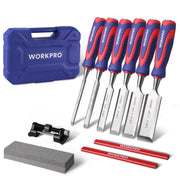 WORKPRO 10-Piece Wood Chisel Set for Woodworking, Cr-V Bevel Edge Chisels (1/4", 1/2", 3/4", 1", 1-1/4", 1-1/2") with Sharpening Stone, Honing Guide, Carpenter Pencils & Storage Case