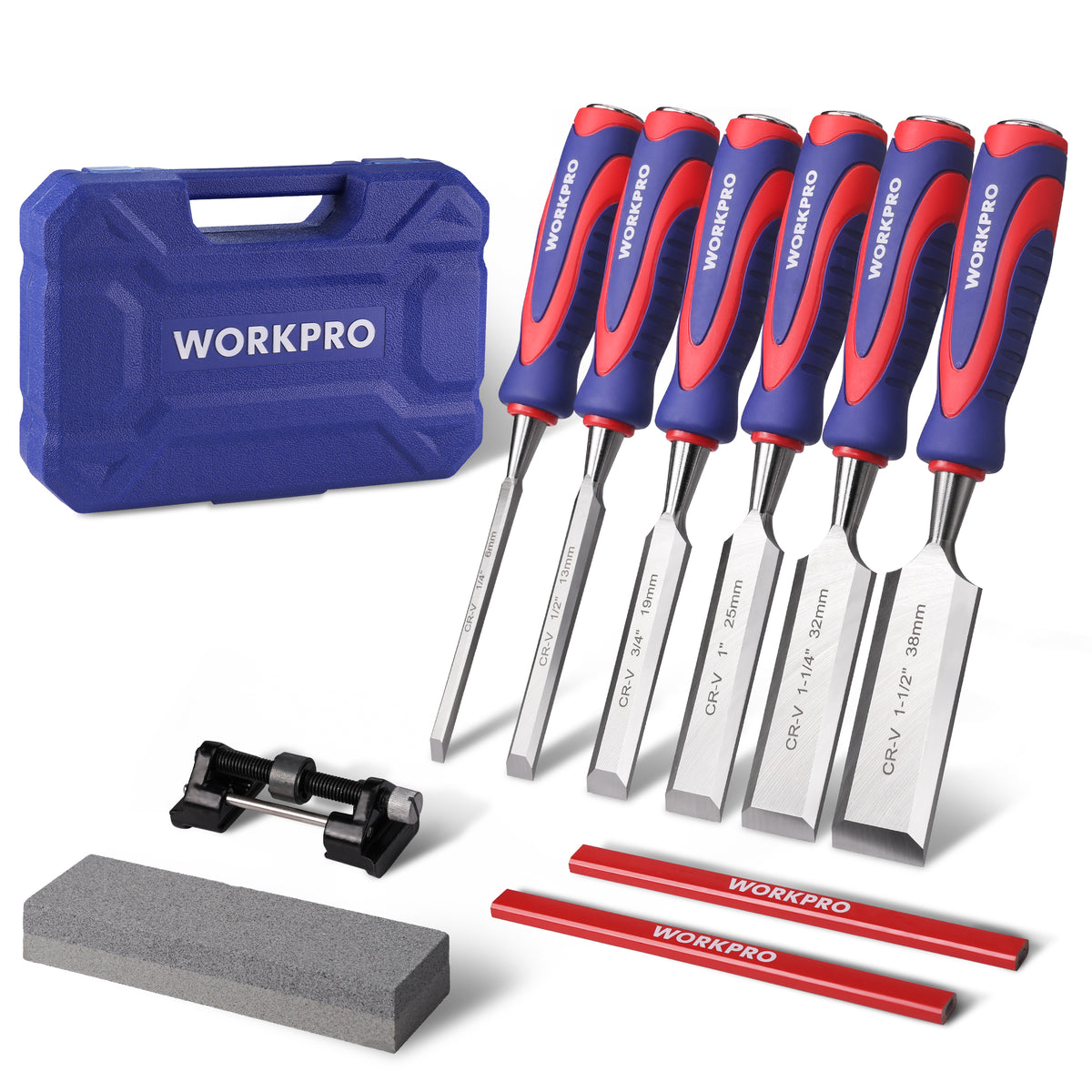 WORKPRO 10-Piece Wood Chisel Set for Woodworking, Cr-V Bevel Edge Chisels (1/4", 1/2", 3/4", 1", 1-1/4", 1-1/2") with Sharpening Stone, Honing Guide, Carpenter Pencils & Storage Case