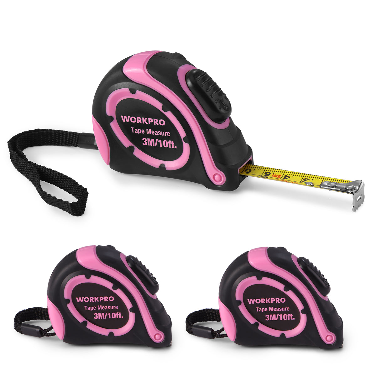 WORKPRO Tape Measure 10 FT, 3 Pack Easy Read Metric & Imperial Scale Measuring Tape, Auto-Lock Retractable Small Measurement Tape, Belt Clip, Rubber Protective Casing - Pink Ribbon