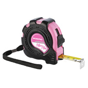 Pink and black tape measure with thumb lock and belt clip, includes wrist strap